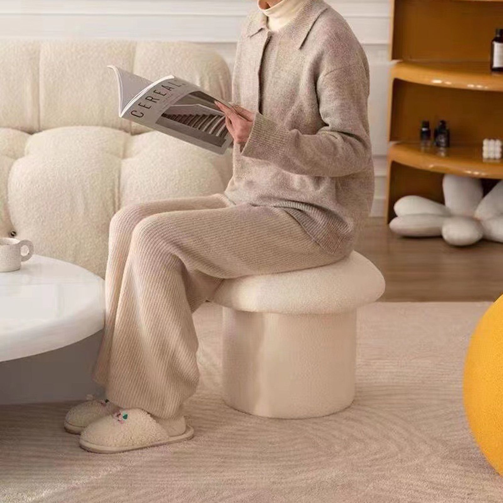 Sofa Bench Simple Modern Elastic Comfortable Soft Round Pine Wooden Foot Stool for Home Decoration White - Image 5