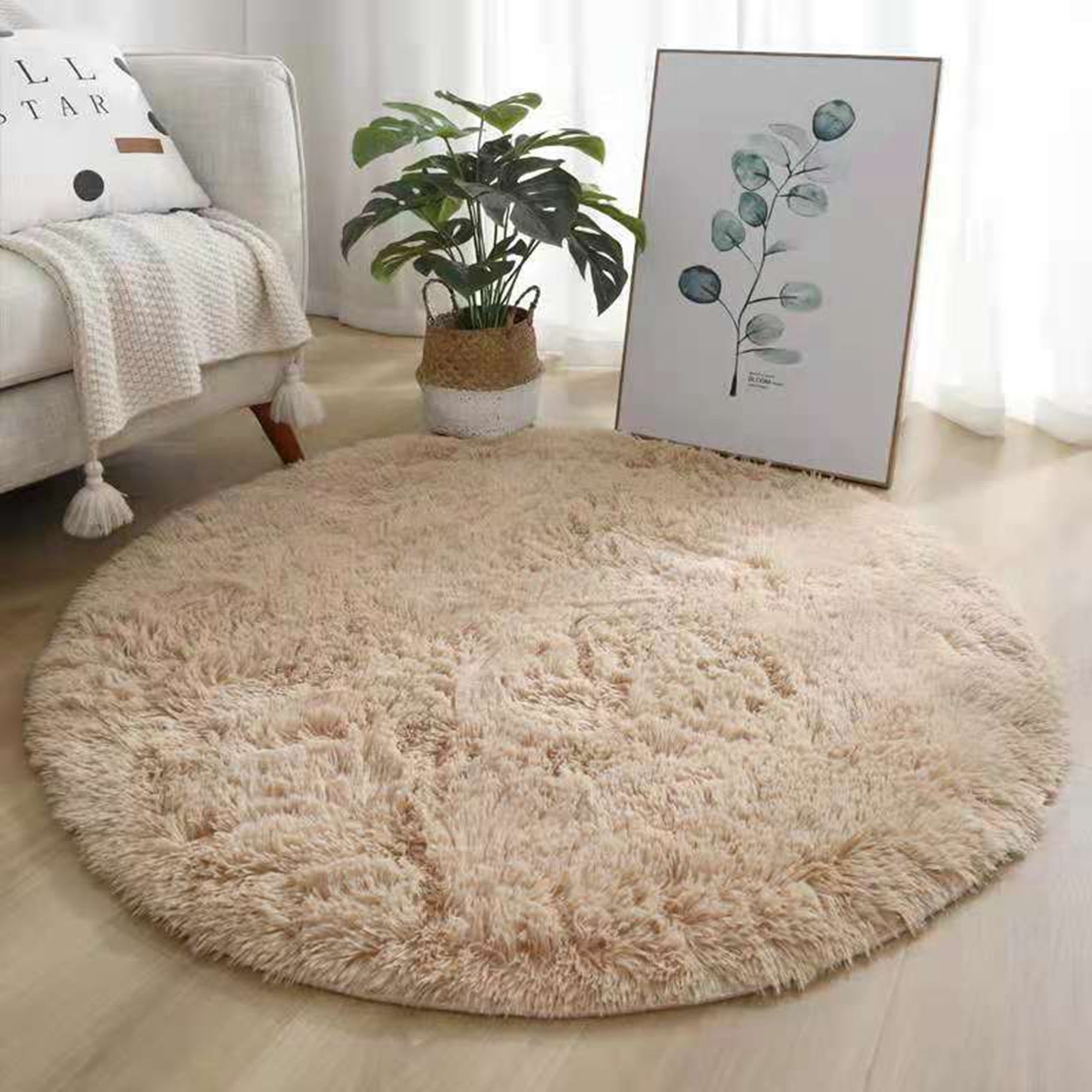 Floor Carpet Polyester Fiber Round Nordic Style Long Plush Soft Shaggy Rug for Home Bedroom Beige - Image 8