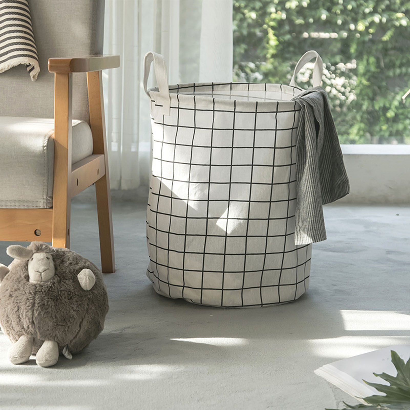 Foldable Dirty Clothes Basket Household Cotton Linen Dirty Laundry Basket Storage Basket Laundry Organizer White Squares - Image 5