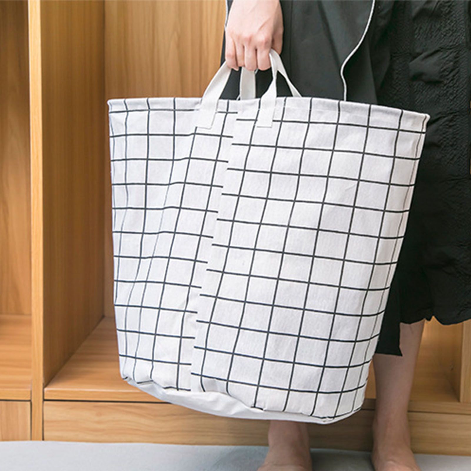 Foldable Dirty Clothes Basket Household Cotton Linen Dirty Laundry Basket Storage Basket Laundry Organizer White Squares - Image 6