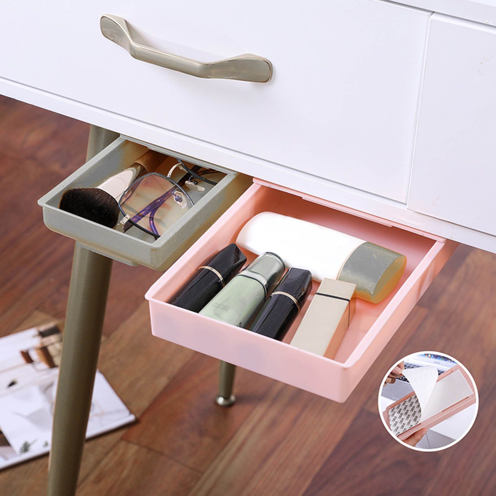 Under Desk Drawer Storage Box Security Punch Free Hidden Self Adhesive Pencil Tray Drawer for Stationery Makeup Pen Extra Large 25.5x20x4.2 / 10.0x7.9x1.7in - Image 5