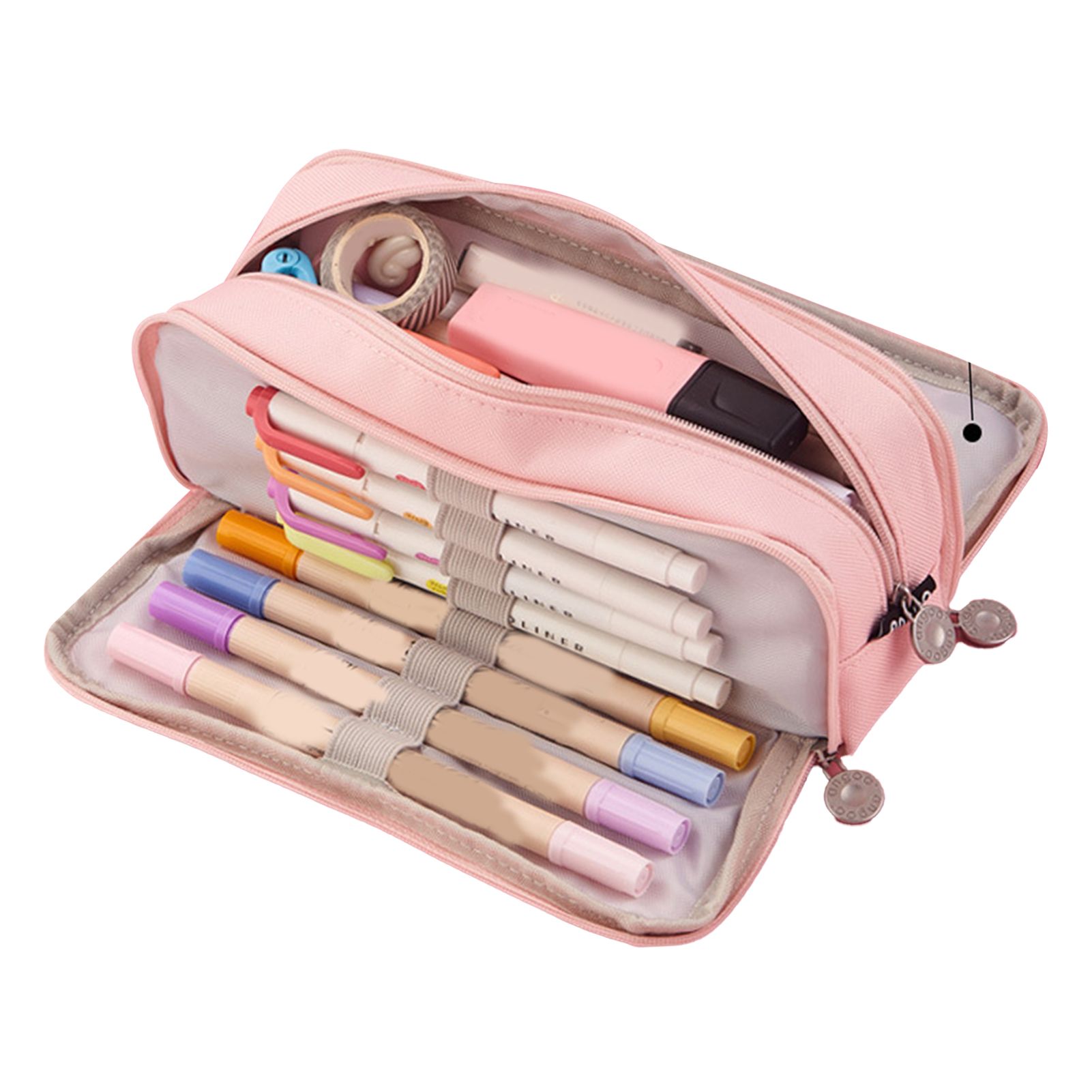 Pencil Pouch With 3 Compartments Large Capacity Double Opening Soft Canvas Dustproof Zipper Pencil Case for Students Pink - Image 2