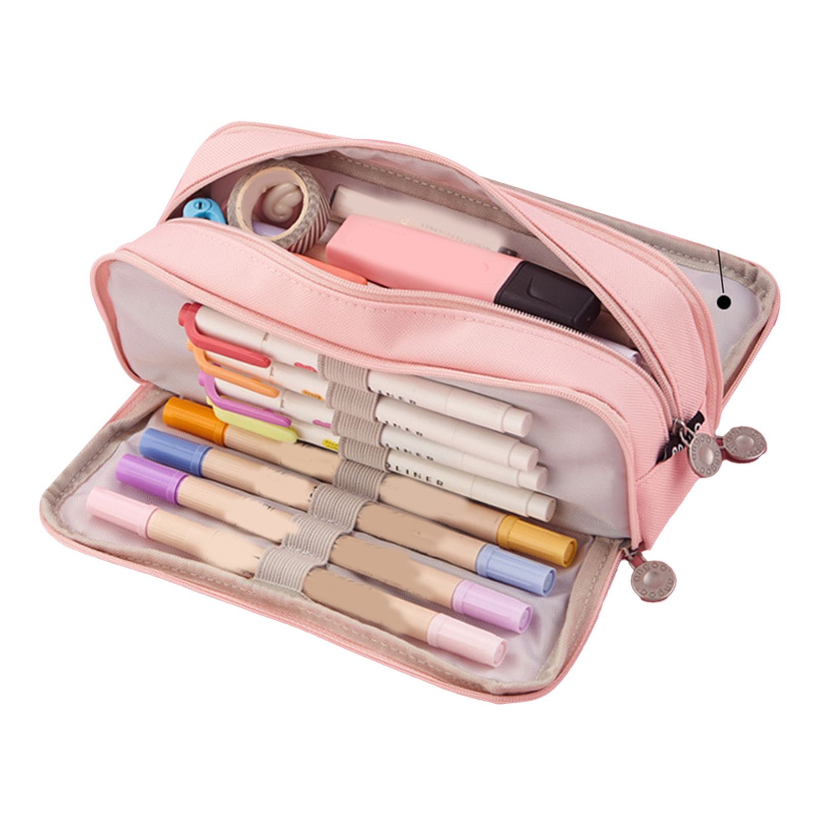 Pencil Pouch With 3 Compartments Large Capacity Double Opening Soft Canvas Dustproof Zipper Pencil Case for Students Pink - Image 3