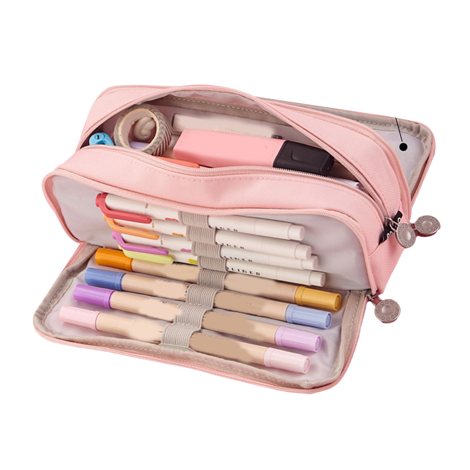 Pencil Pouch With 3 Compartments Large Capacity Double Opening Soft Canvas Dustproof Zipper Pencil Case for Students Pink - Image 4