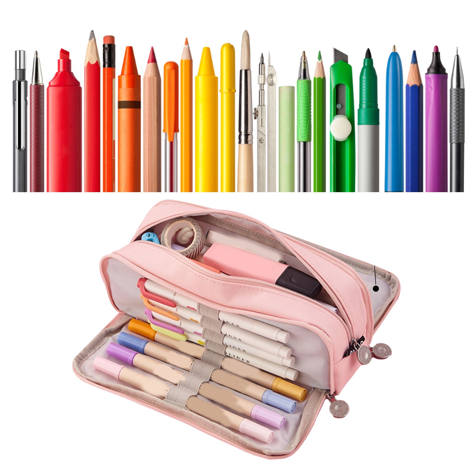 Pencil Pouch With 3 Compartments Large Capacity Double Opening Soft Canvas Dustproof Zipper Pencil Case for Students Pink - Image 5
