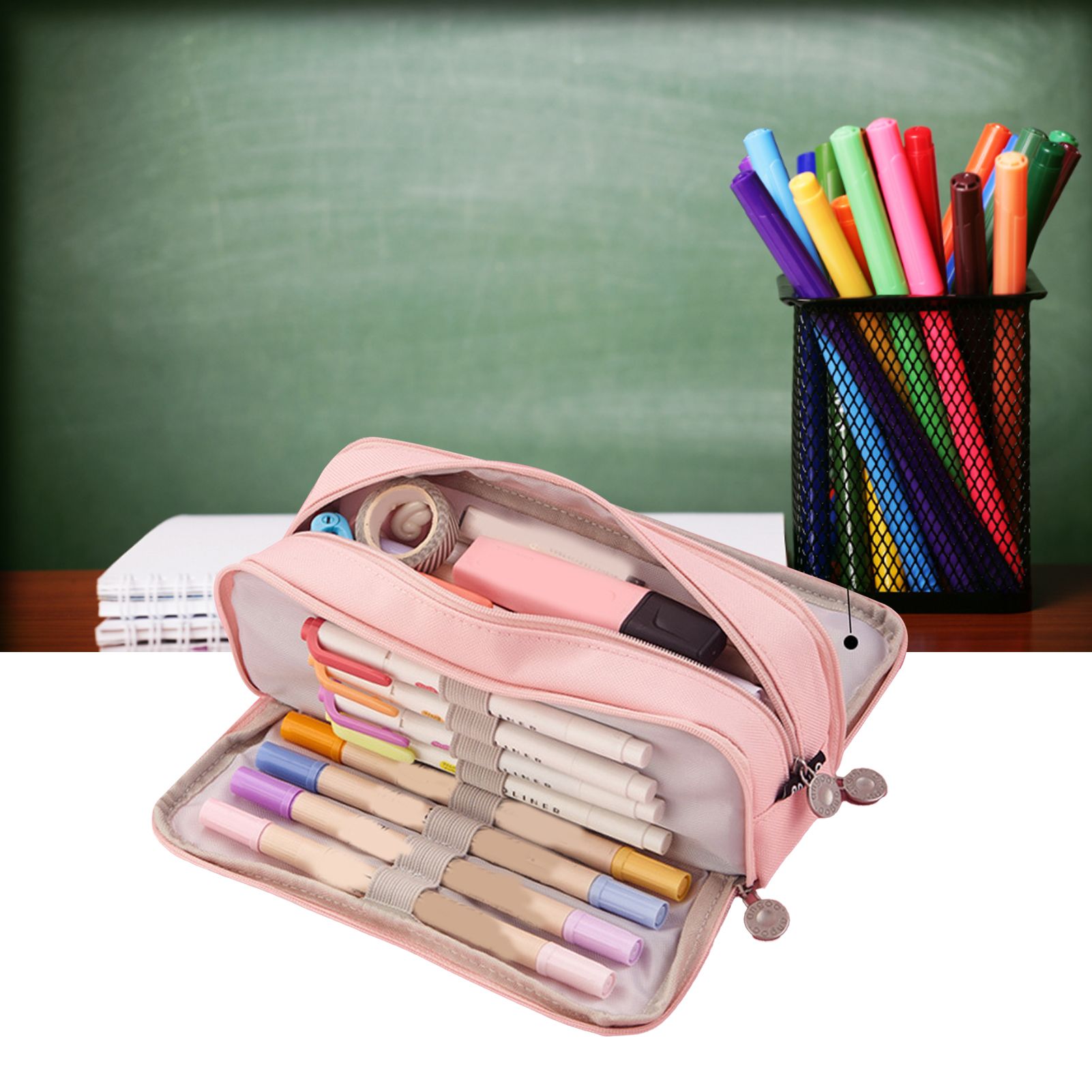 Pencil Pouch With 3 Compartments Large Capacity Double Opening Soft Canvas Dustproof Zipper Pencil Case for Students Pink - Image 6