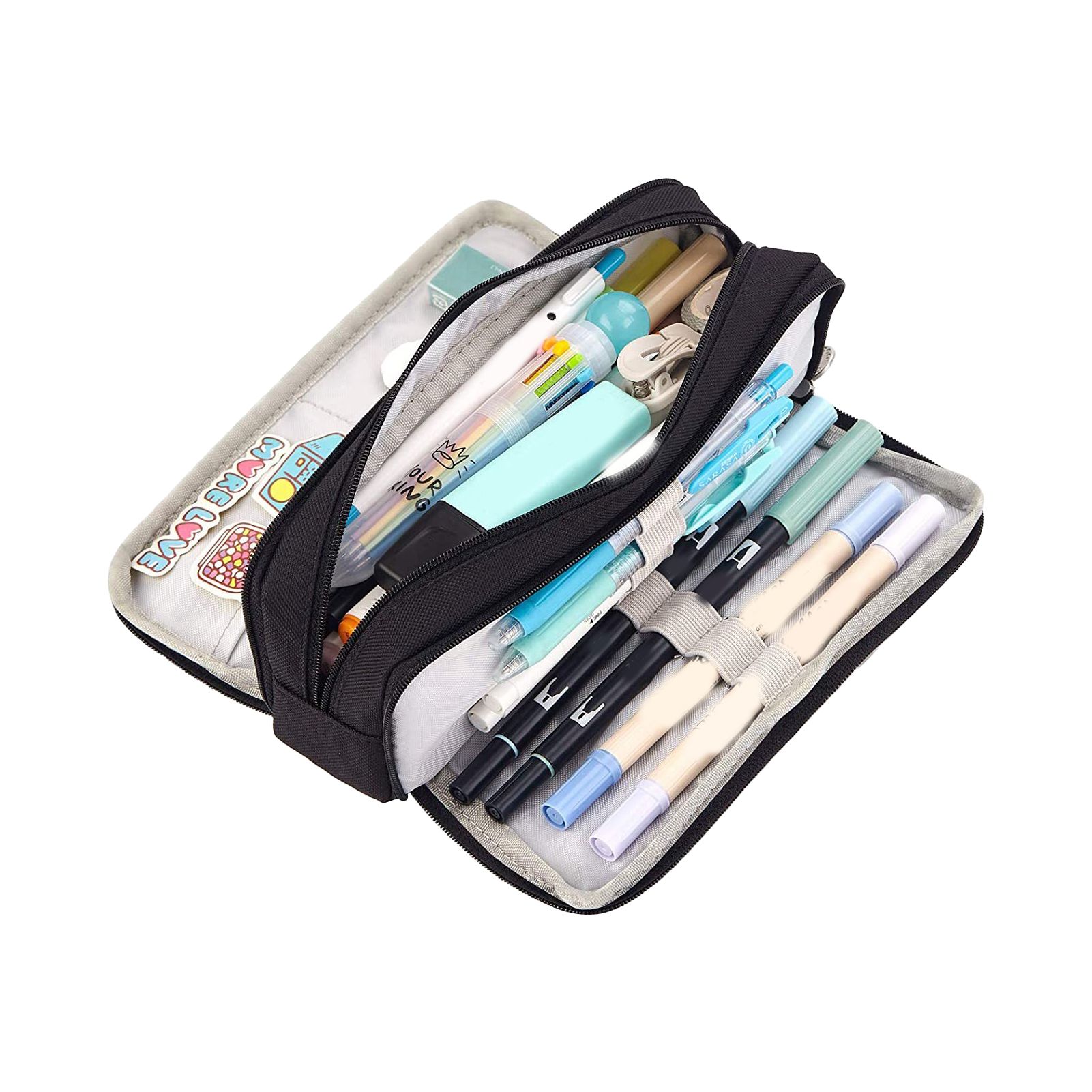 Pencil Pouch With 3 Compartments Large Capacity Double Opening Soft Canvas Dustproof Zipper Pencil Case for Students Black - Image 1