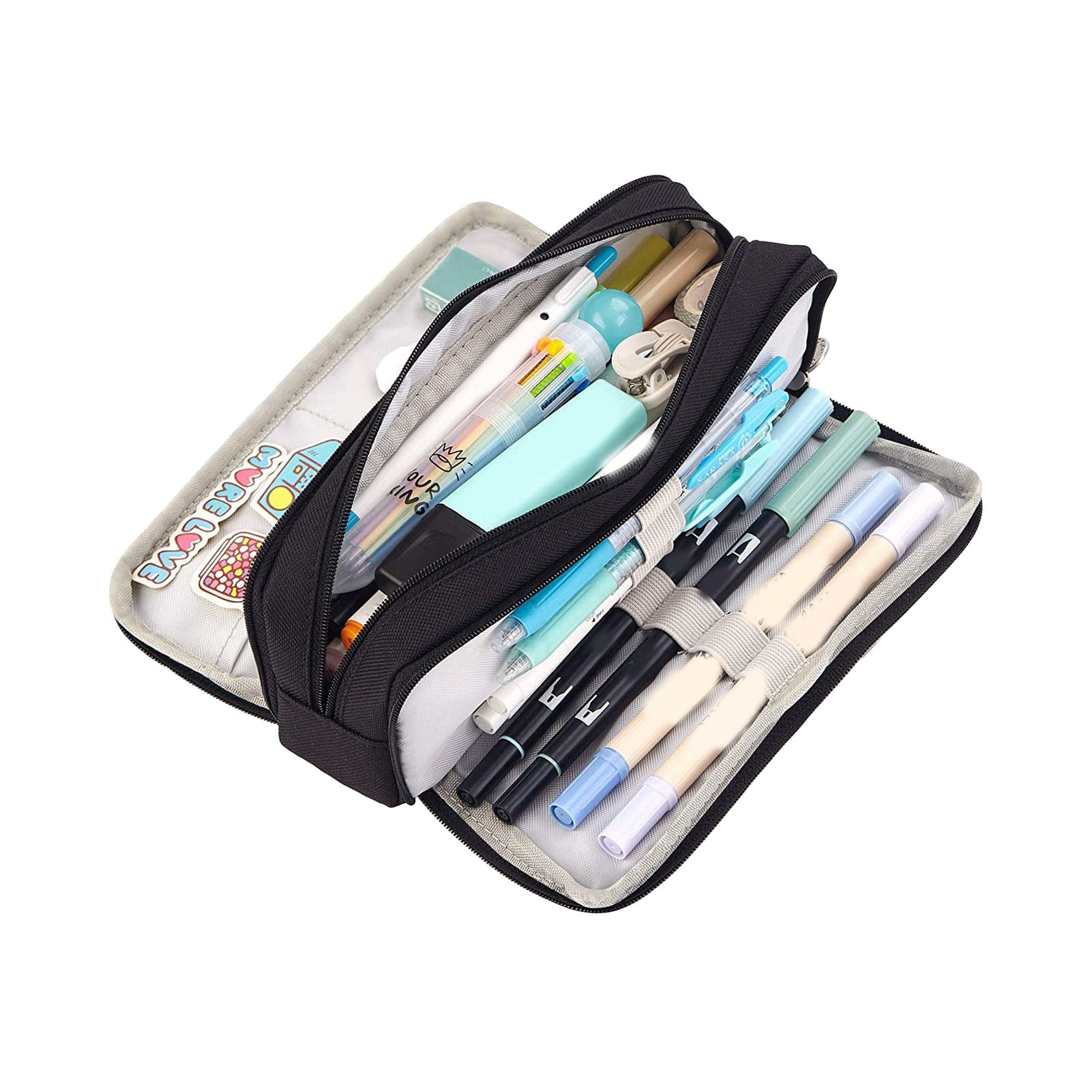 Pencil Pouch With 3 Compartments Large Capacity Double Opening Soft Canvas Dustproof Zipper Pencil Case for Students Black - Image 2