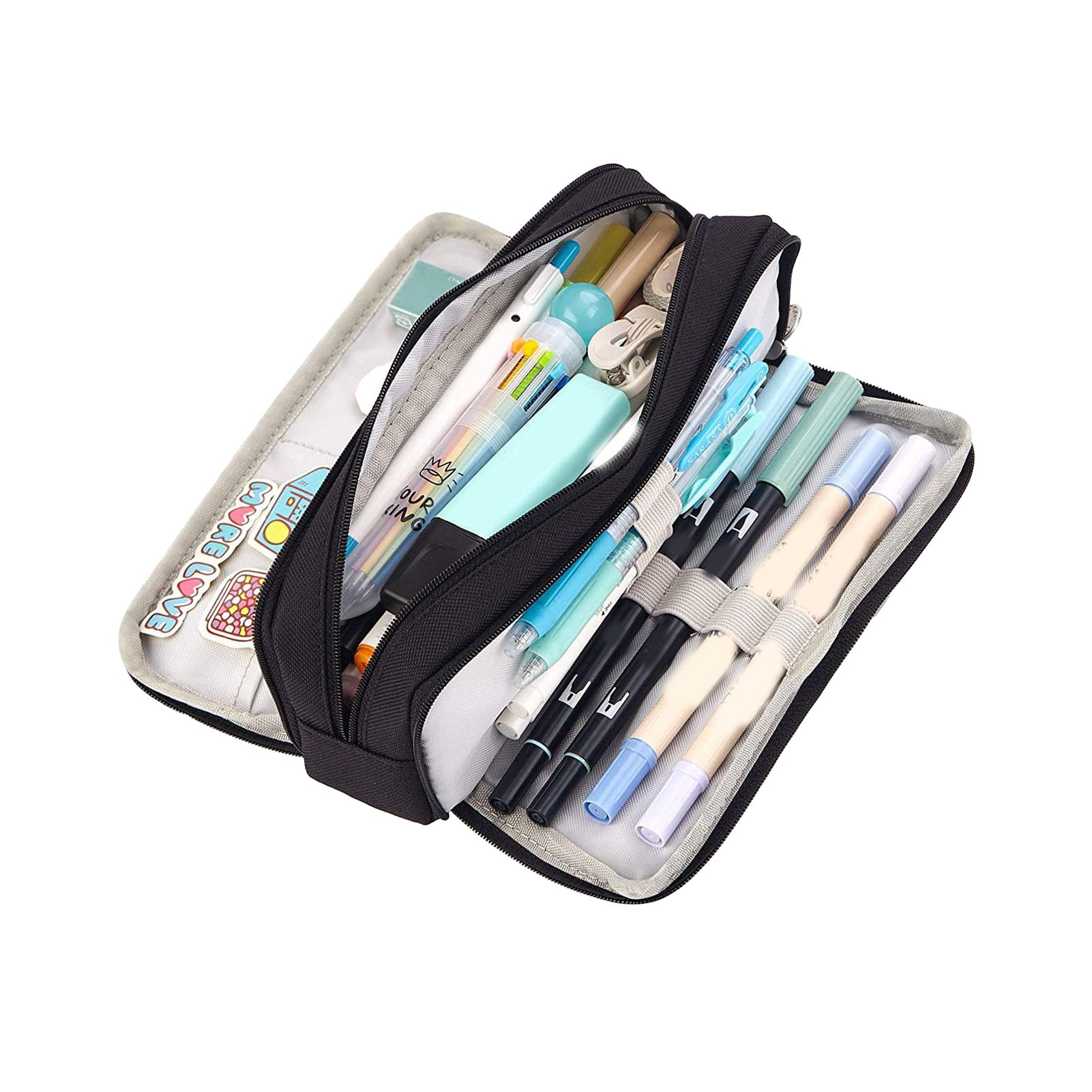 Pencil Pouch With 3 Compartments Large Capacity Double Opening Soft Canvas Dustproof Zipper Pencil Case for Students Black - Image 3