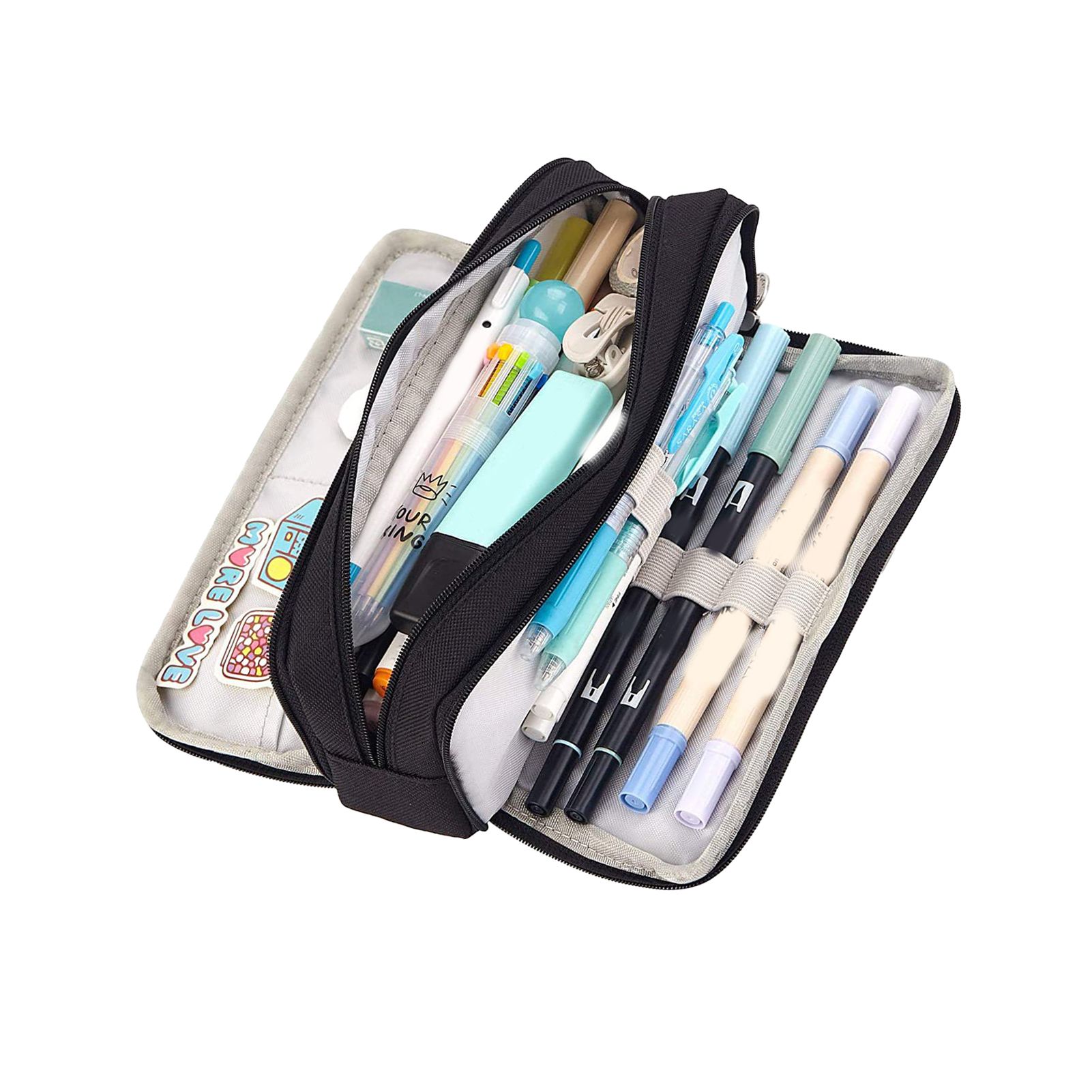 Pencil Pouch With 3 Compartments Large Capacity Double Opening Soft Canvas Dustproof Zipper Pencil Case for Students Black - Image 4