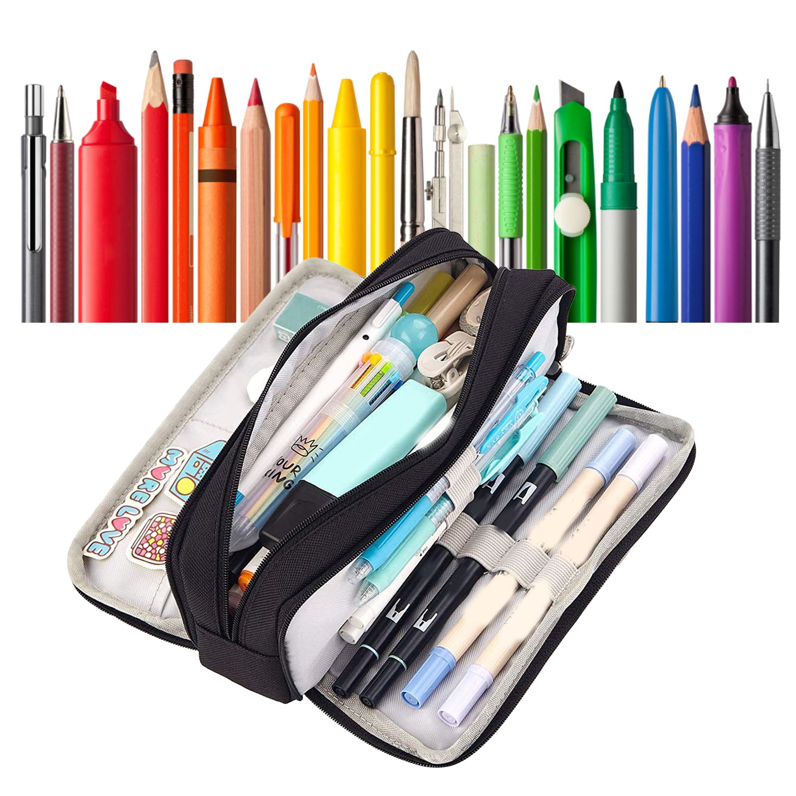 Pencil Pouch With 3 Compartments Large Capacity Double Opening Soft Canvas Dustproof Zipper Pencil Case for Students Black - Image 5