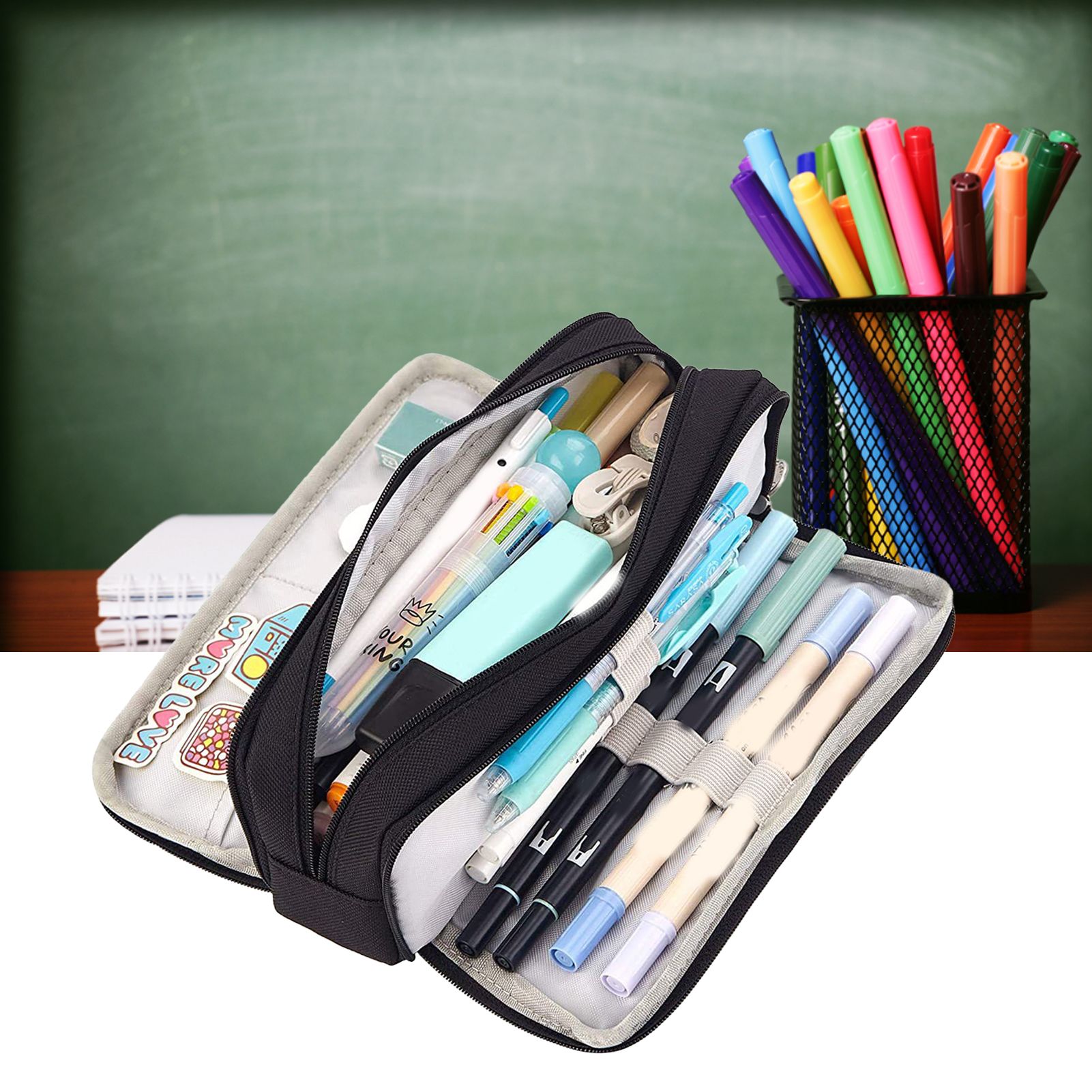 Pencil Pouch With 3 Compartments Large Capacity Double Opening Soft Canvas Dustproof Zipper Pencil Case for Students Black - Image 6