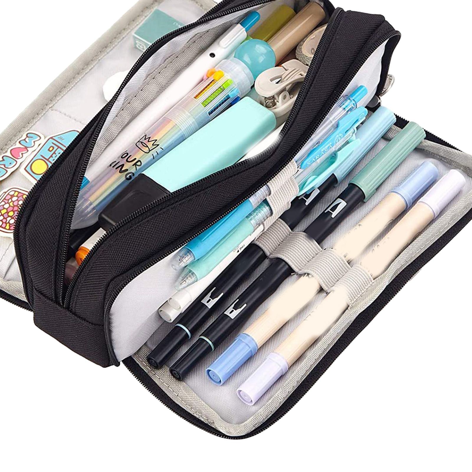 Pencil Pouch With 3 Compartments Large Capacity Double Opening Soft Canvas Dustproof Zipper Pencil Case for Students Black - Image 7