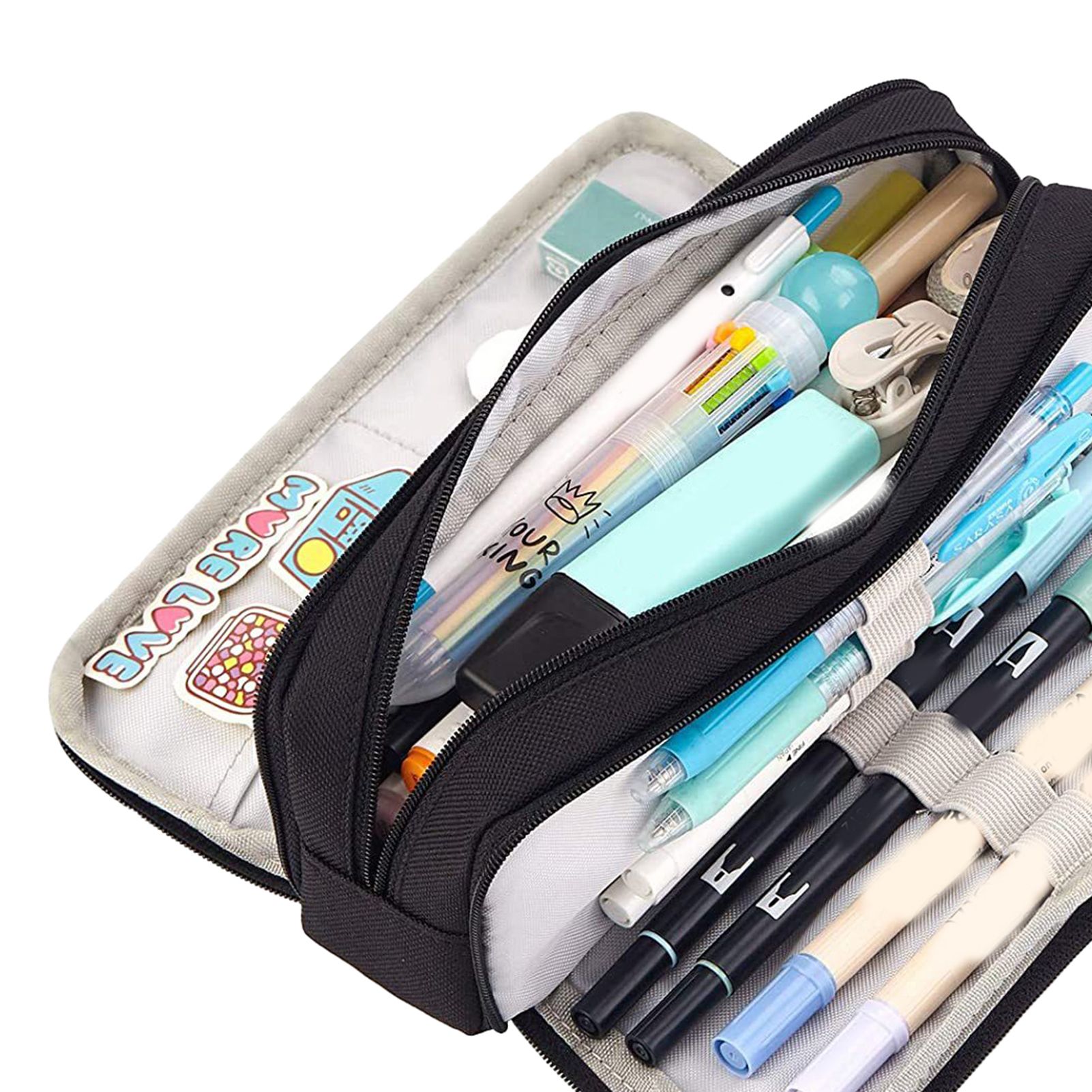 Pencil Pouch With 3 Compartments Large Capacity Double Opening Soft Canvas Dustproof Zipper Pencil Case for Students Black - Image 8