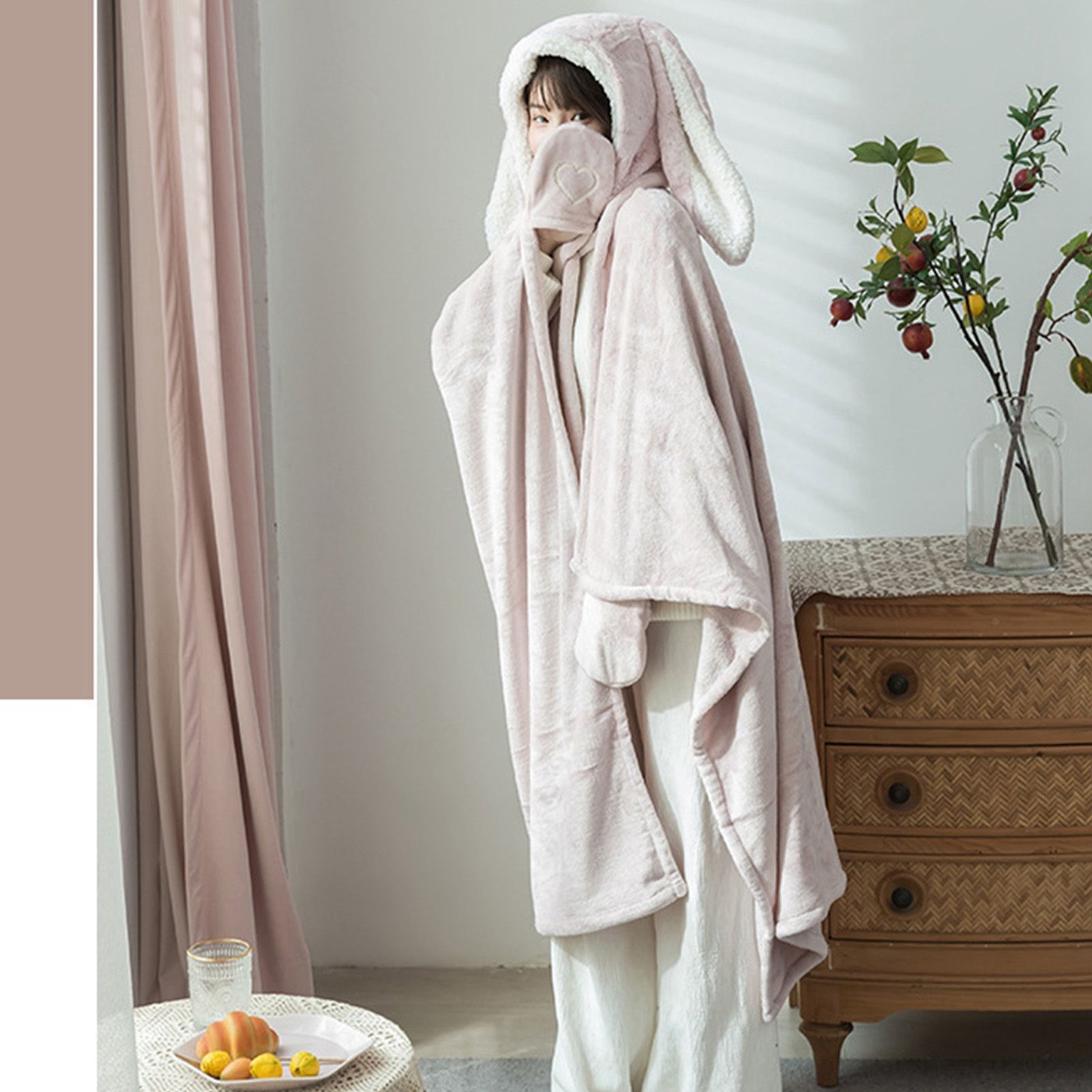 Hooded Blanket Wearable Polyester Plush Rabbit Ear Hooded Blanket Throw Soft Warm Blanket for Home Pink Large - Image 5