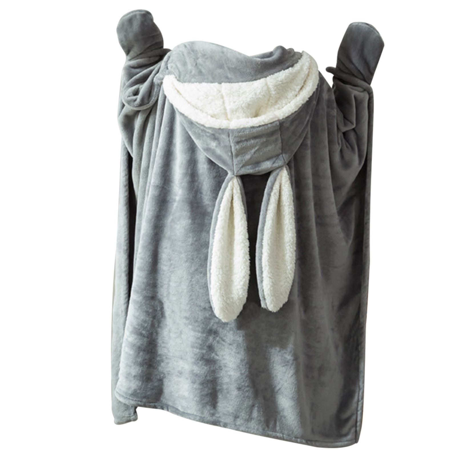 Hooded Blanket Wearable Polyester Plush Rabbit Ear Hooded Blanket Throw Soft Warm Blanket for Home Dark Gray Large - Image 4