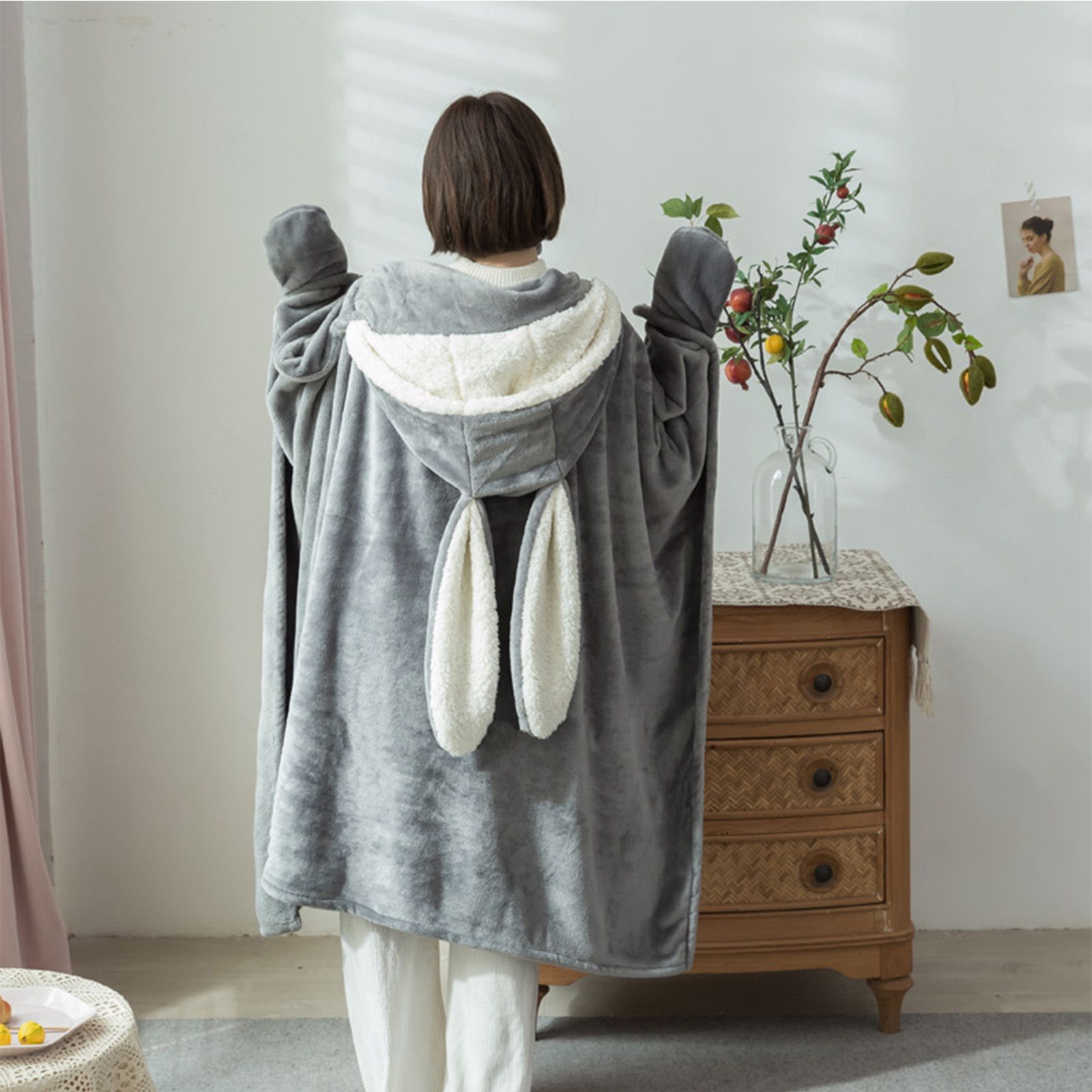 Hooded Blanket Wearable Polyester Plush Rabbit Ear Hooded Blanket Throw Soft Warm Blanket for Home Dark Gray Large - Image 5