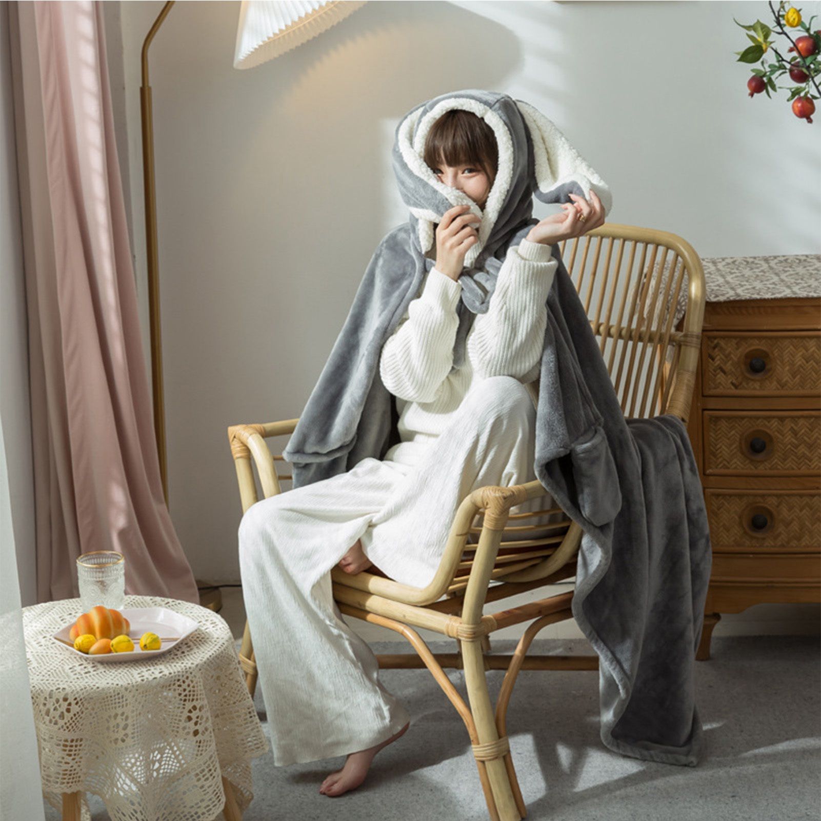 Hooded Blanket Wearable Polyester Plush Rabbit Ear Hooded Blanket Throw Soft Warm Blanket for Home Dark Gray Large - Image 6