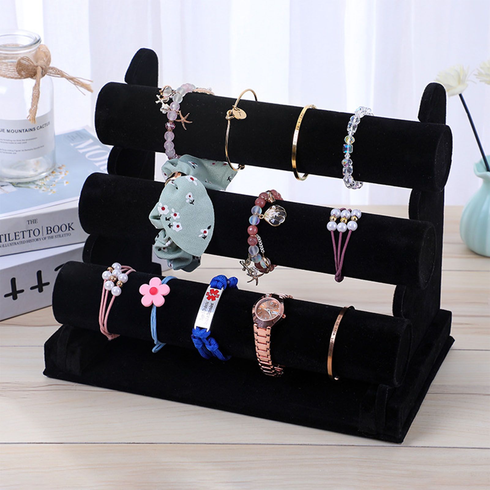 Velvet Jewelry Tower 3 Layers Watch Bracelet Holder Necklace Jewelry Display Stand Black Jewelry Stand - Image 3