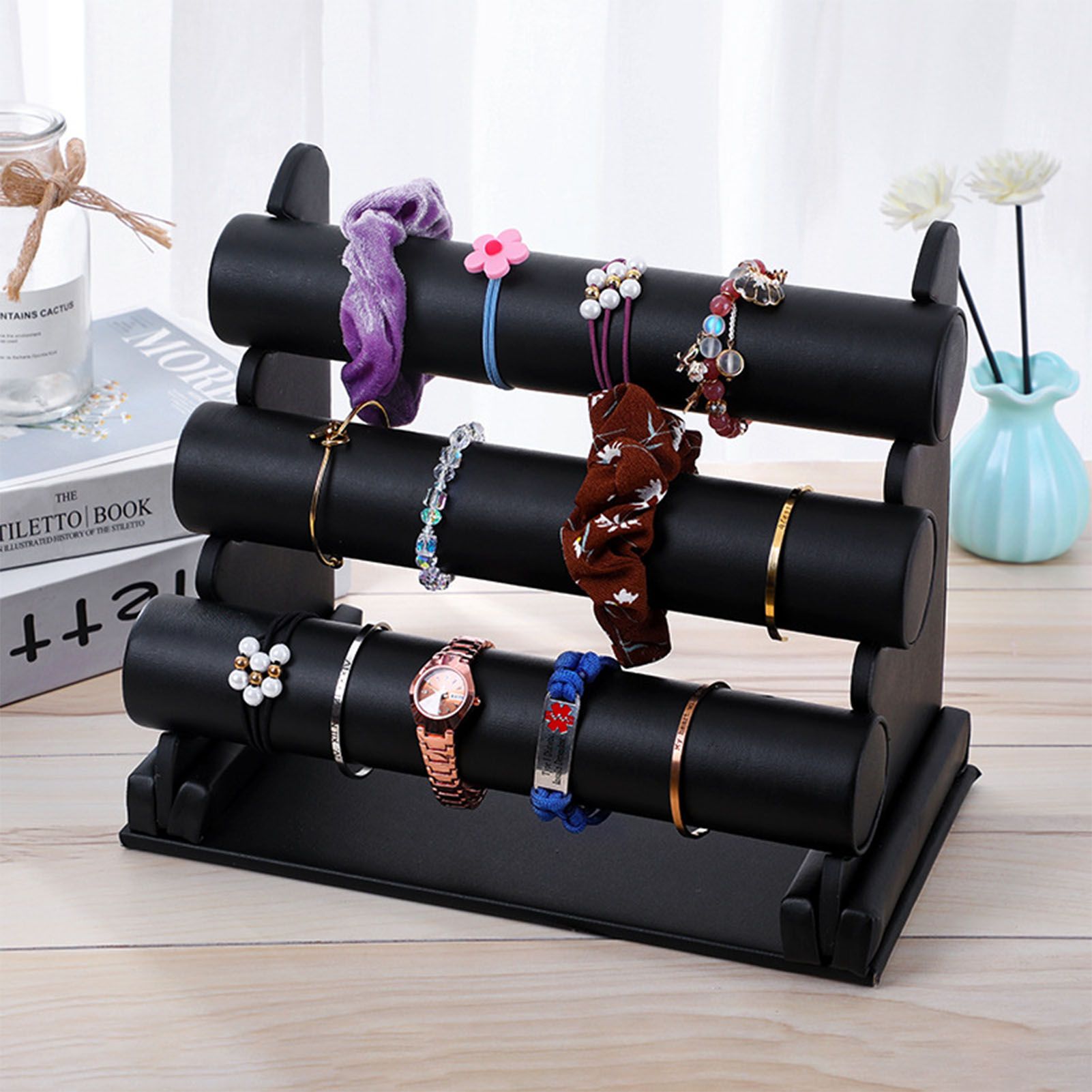 Velvet Jewelry Tower 3 Layers Watch Bracelet Holder Necklace Jewelry Display Stand Black Jewelry Stand - Image 4