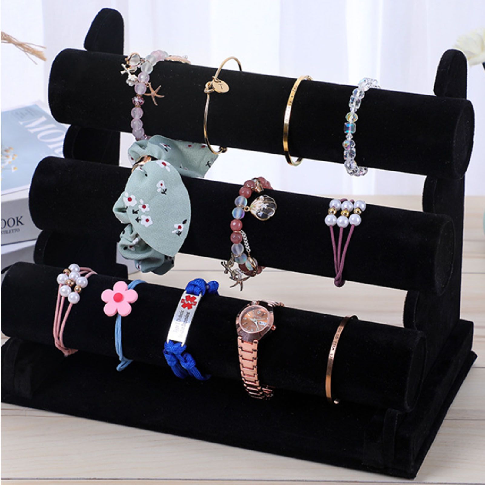 Velvet Jewelry Tower 3 Layers Watch Bracelet Holder Necklace Jewelry Display Stand Black Jewelry Stand - Image 5