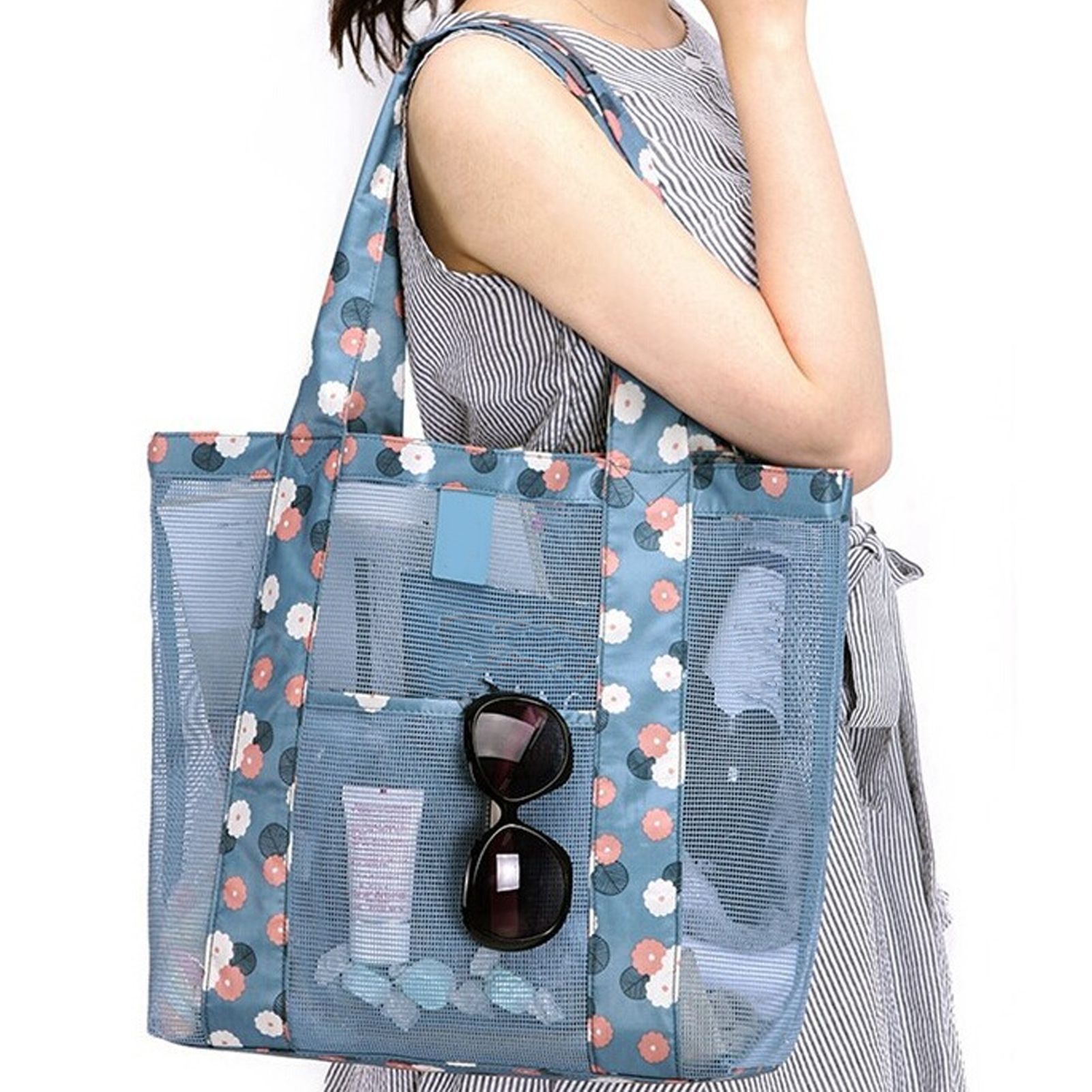 Beach Tote Waterproof Large Capacity Casual Oxford Cloth Women Mesh Handbag for Shopping Swimming Blue Flower - Image 5