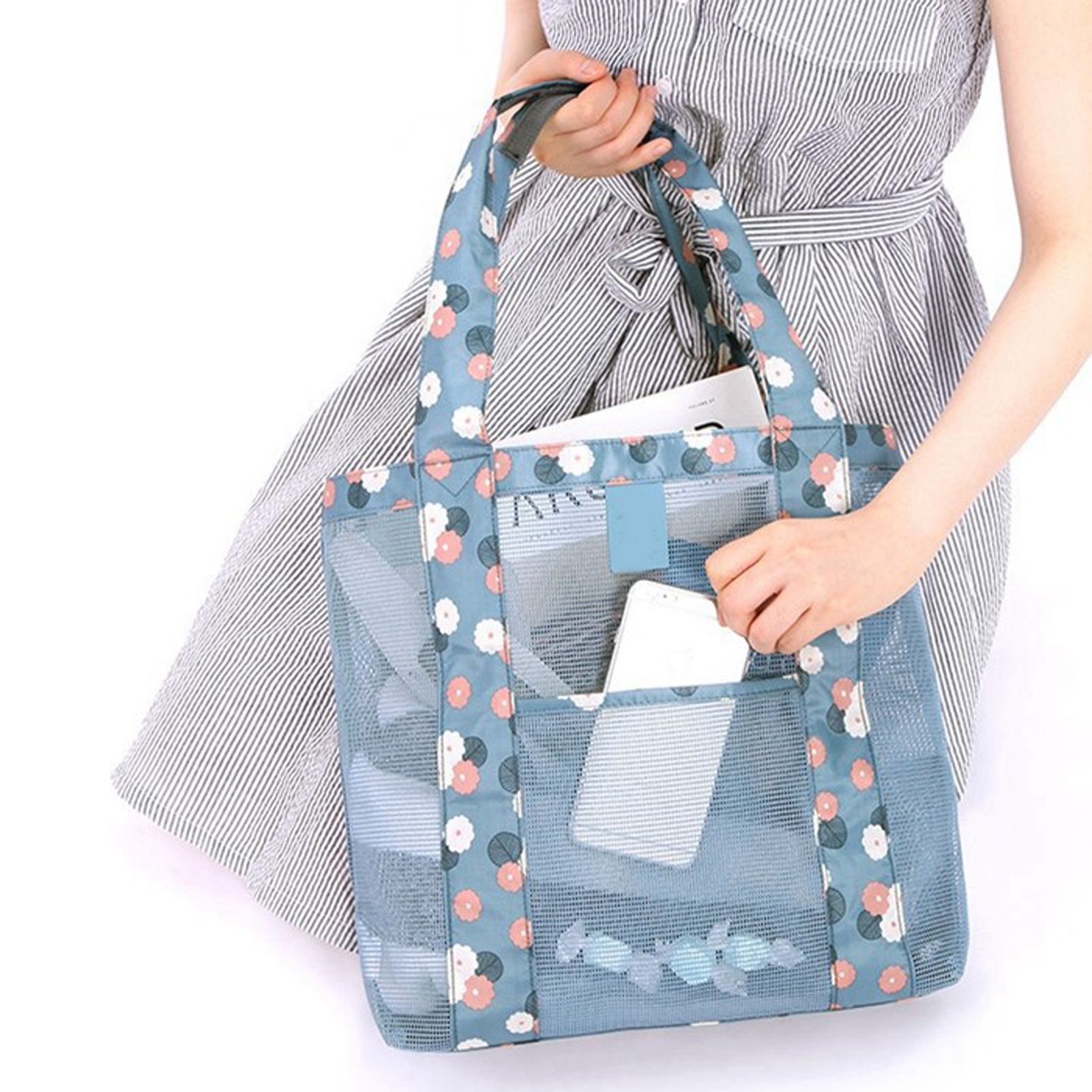 Beach Tote Waterproof Large Capacity Casual Oxford Cloth Women Mesh Handbag for Shopping Swimming Blue Flower - Image 6