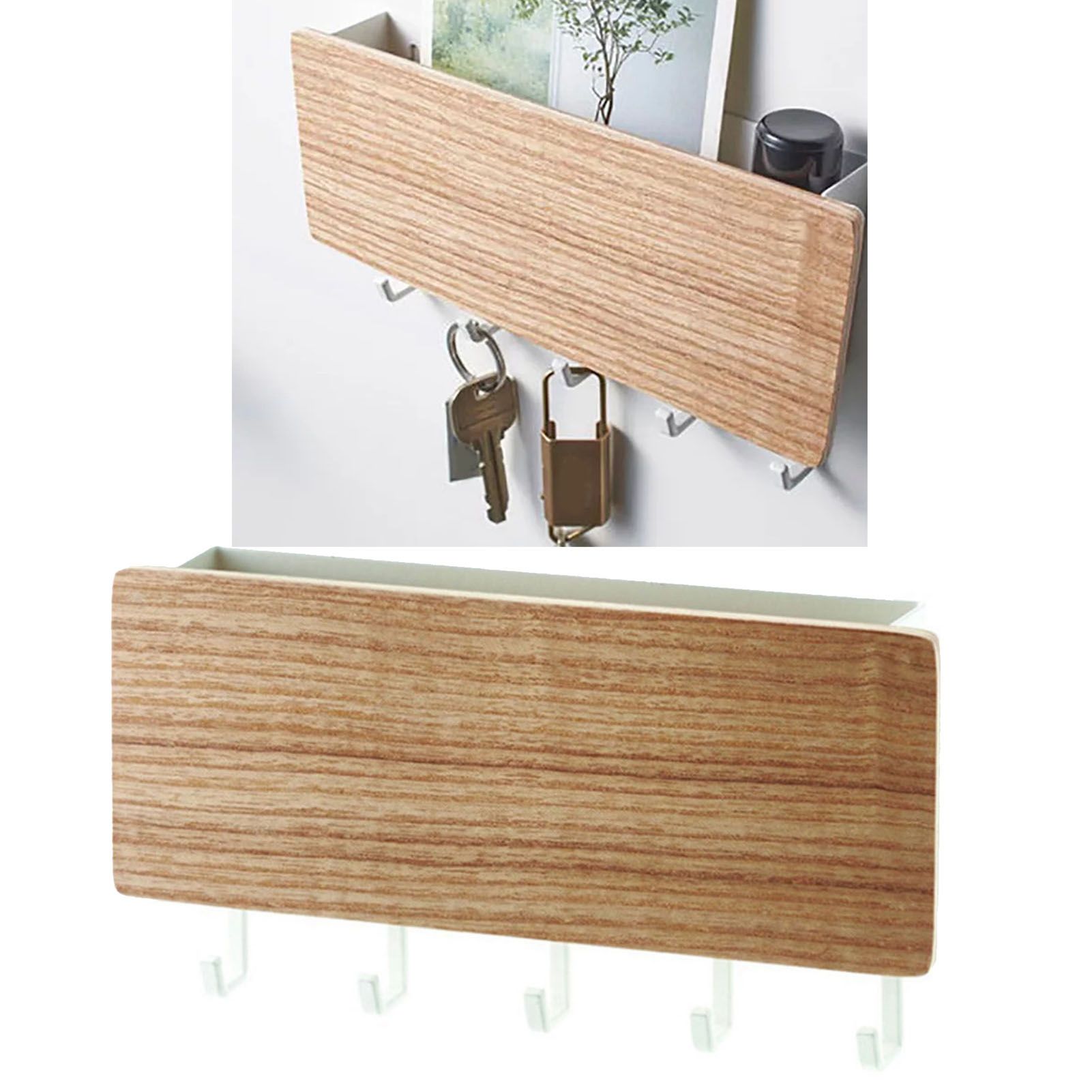 Japanese Wall Mounted Key Holder Wood with 5 Hooks Punch Free Multifunction Key Hanger for Home Natural Wood Color - Image 5