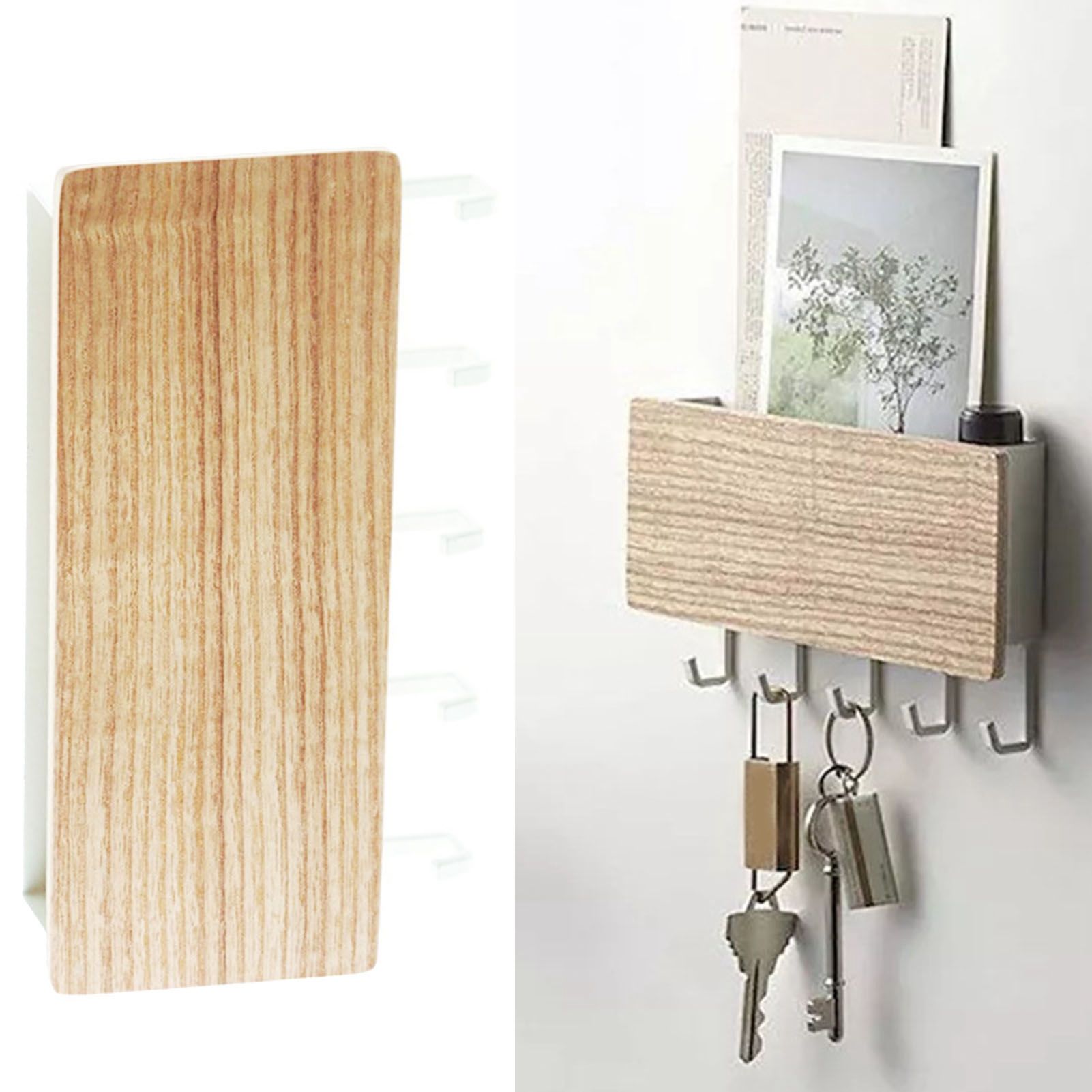 Japanese Wall Mounted Key Holder Wood with 5 Hooks Punch Free Multifunction Key Hanger for Home Natural Wood Color - Image 6