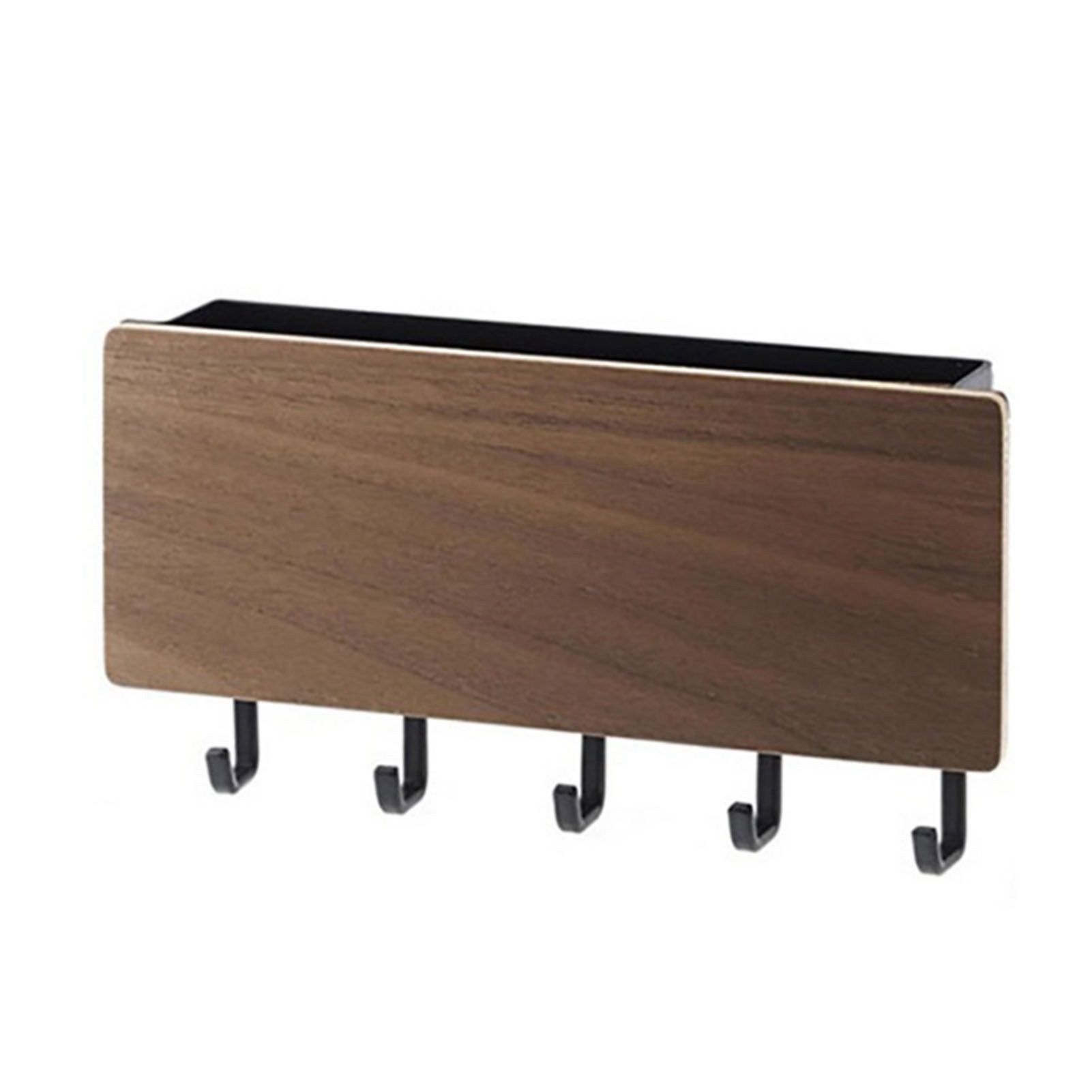 Japanese Wall Mounted Key Holder Wood with 5 Hooks Punch Free Multifunction Key Hanger for Home Walnut Color - Image 1