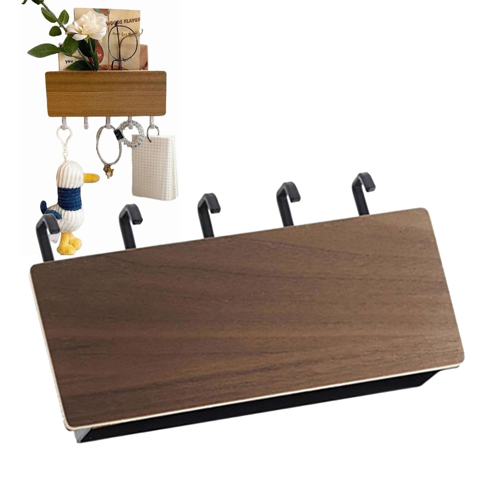 Japanese Wall Mounted Key Holder Wood with 5 Hooks Punch Free Multifunction Key Hanger for Home Walnut Color - Image 5