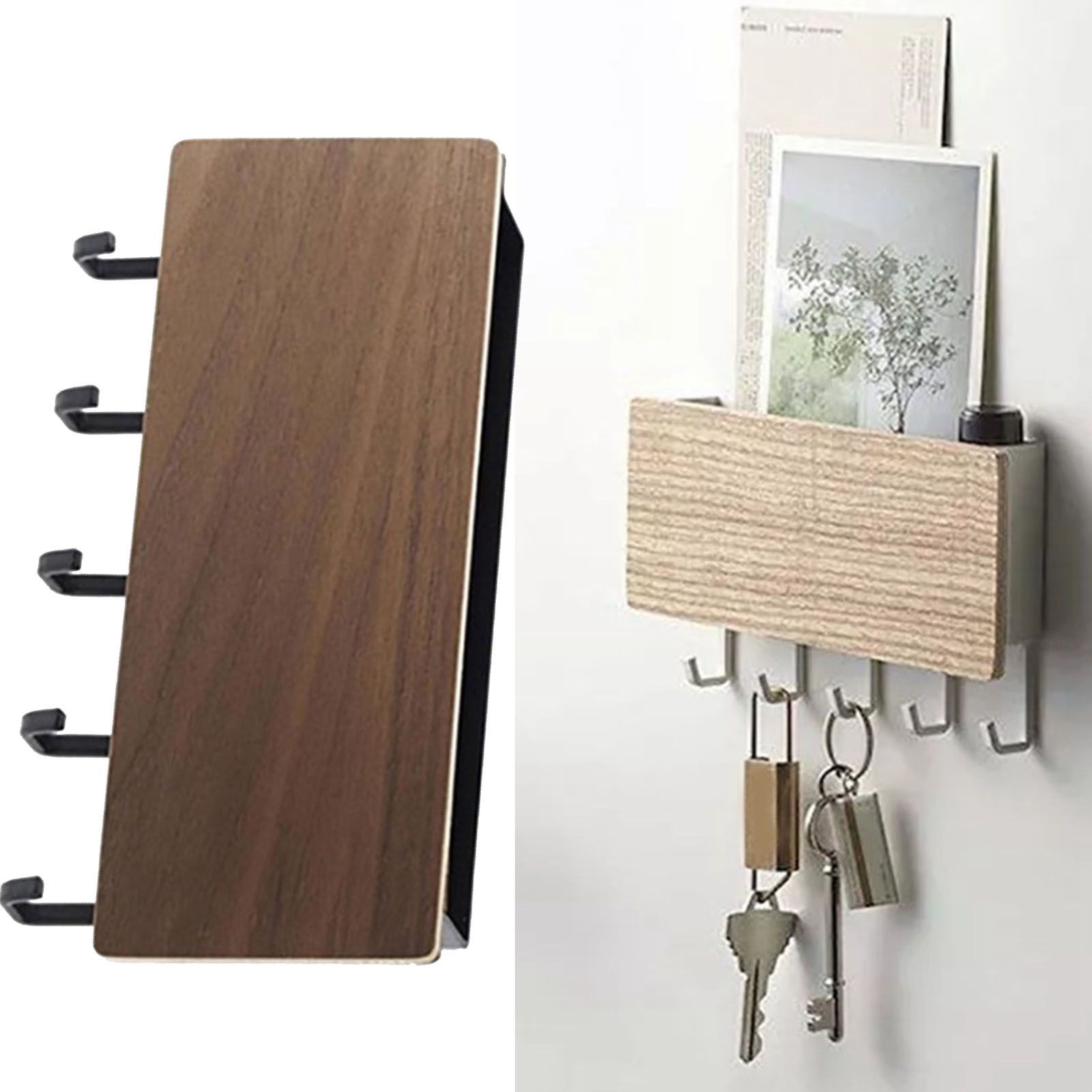 Japanese Wall Mounted Key Holder Wood with 5 Hooks Punch Free Multifunction Key Hanger for Home Walnut Color - Image 6