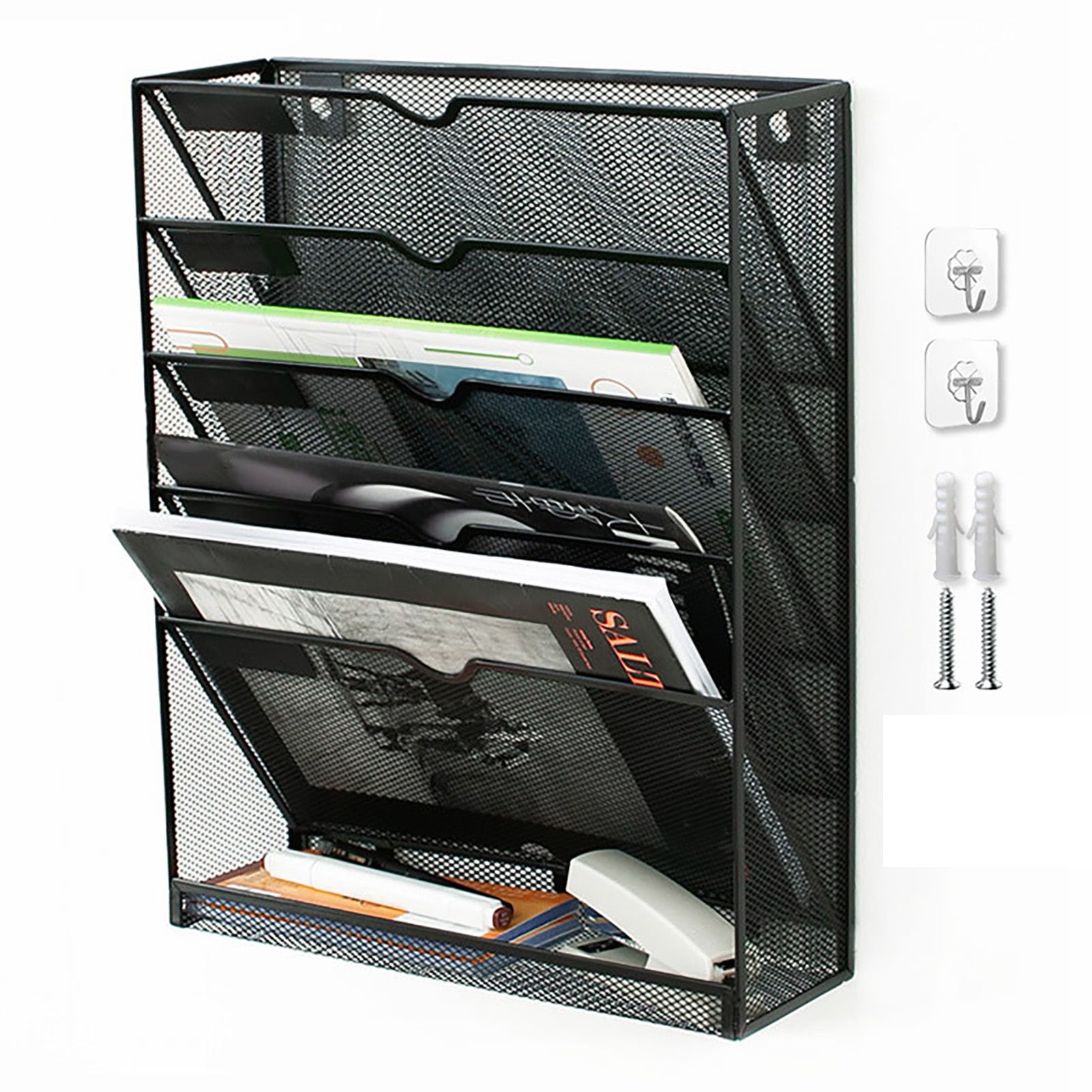 5 Tier Wall File Organizer Vertical Placement Glossy Edges Wall Mount File Holder with Hanging Hole for Office Black - Image 1
