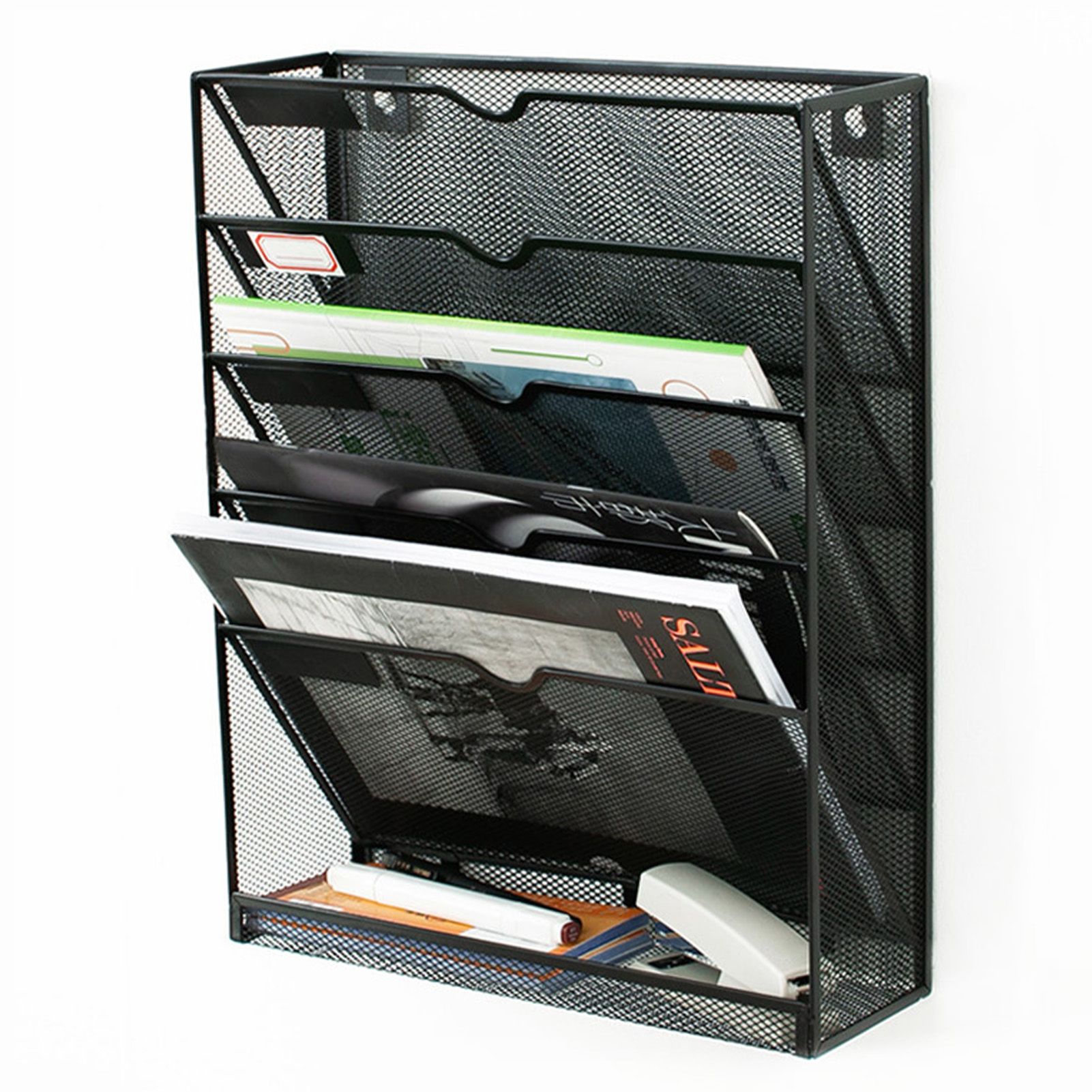 5 Tier Wall File Organizer Vertical Placement Glossy Edges Wall Mount File Holder with Hanging Hole for Office Black - Image 2