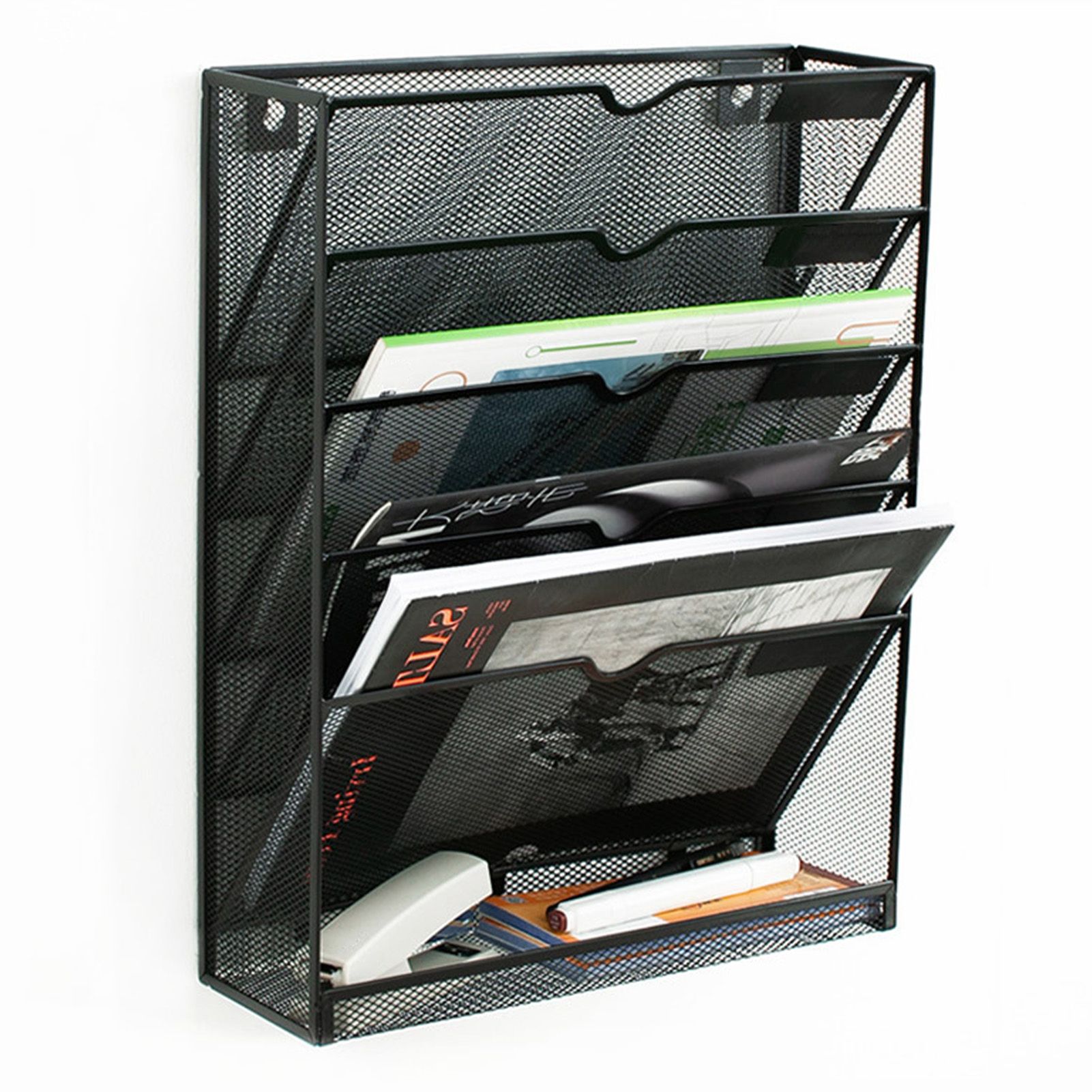 5 Tier Wall File Organizer Vertical Placement Glossy Edges Wall Mount File Holder with Hanging Hole for Office Black - Image 4