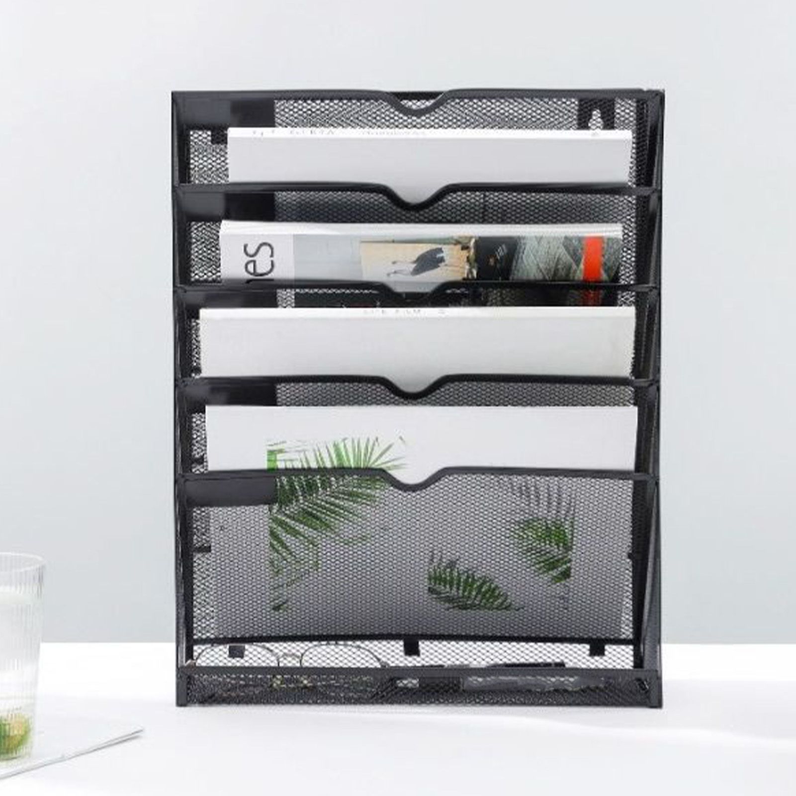 5 Tier Wall File Organizer Vertical Placement Glossy Edges Wall Mount File Holder with Hanging Hole for Office Black - Image 5