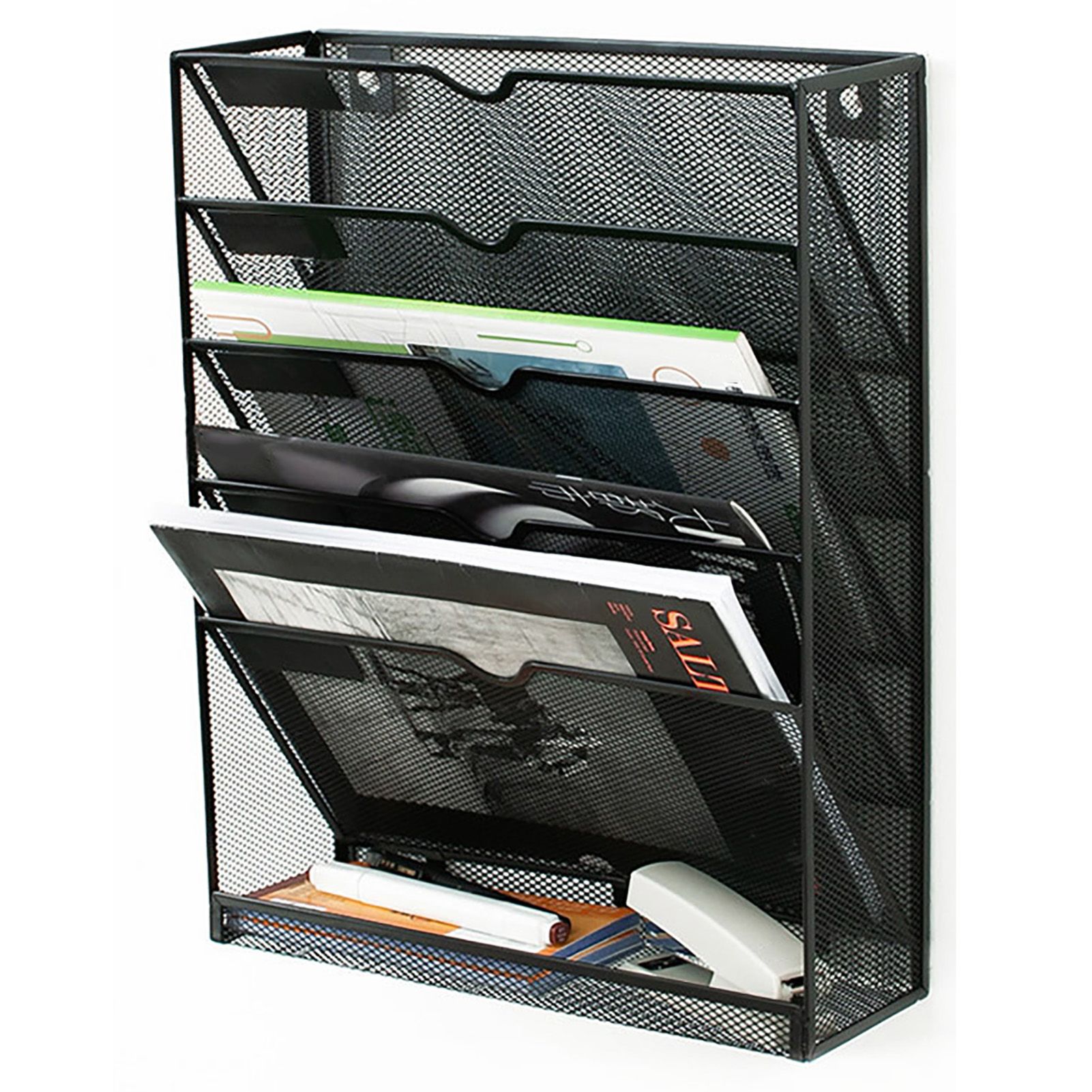 5 Tier Wall File Organizer Vertical Placement Glossy Edges Wall Mount File Holder with Hanging Hole for Office Black - Image 6