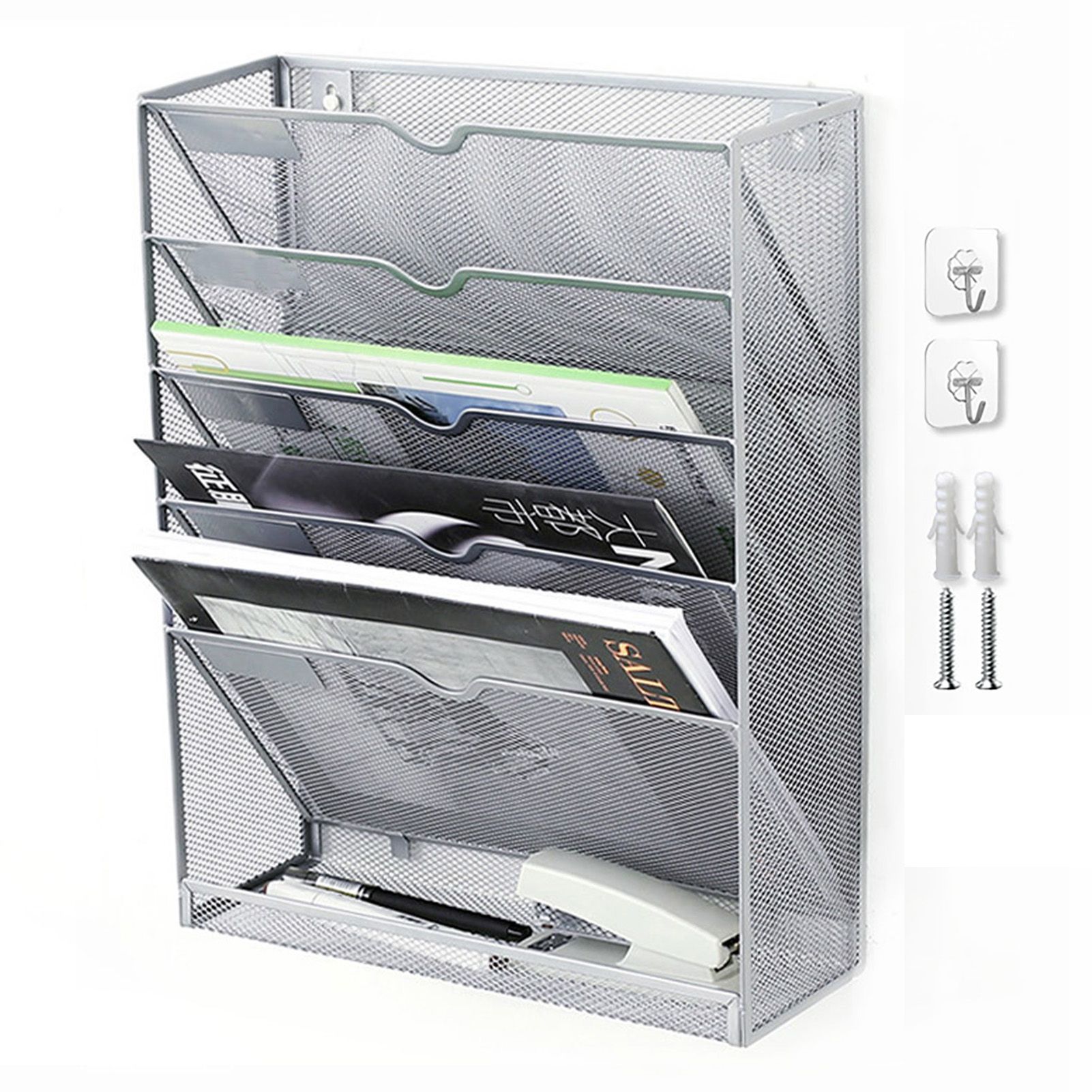 5 Tier Wall File Organizer Vertical Placement Glossy Edges Wall Mount File Holder with Hanging Hole for Office Silver - Image 1