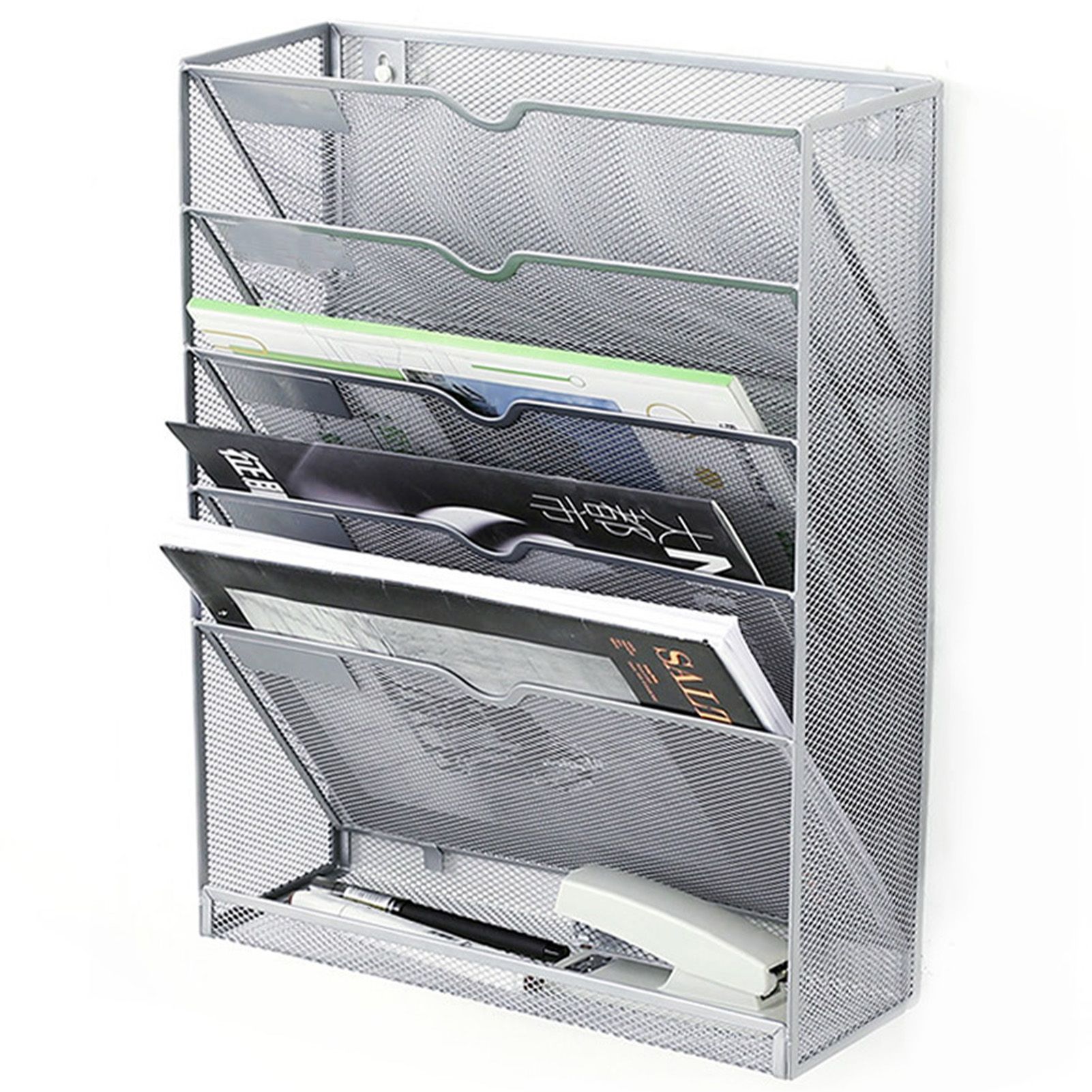 5 Tier Wall File Organizer Vertical Placement Glossy Edges Wall Mount File Holder with Hanging Hole for Office Silver - Image 3