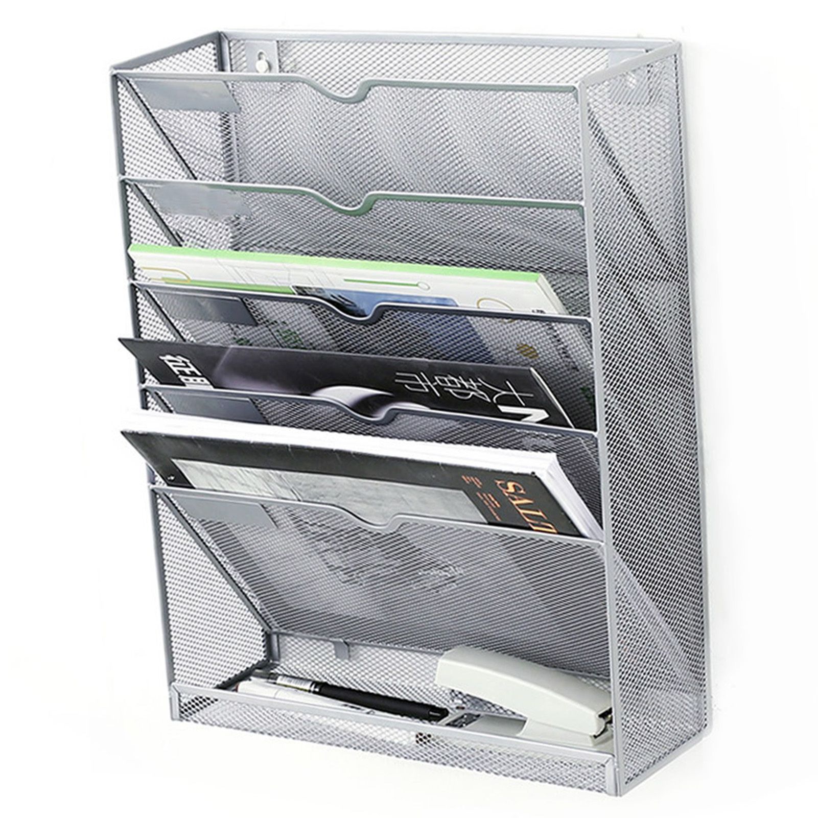 5 Tier Wall File Organizer Vertical Placement Glossy Edges Wall Mount File Holder with Hanging Hole for Office Silver - Image 4