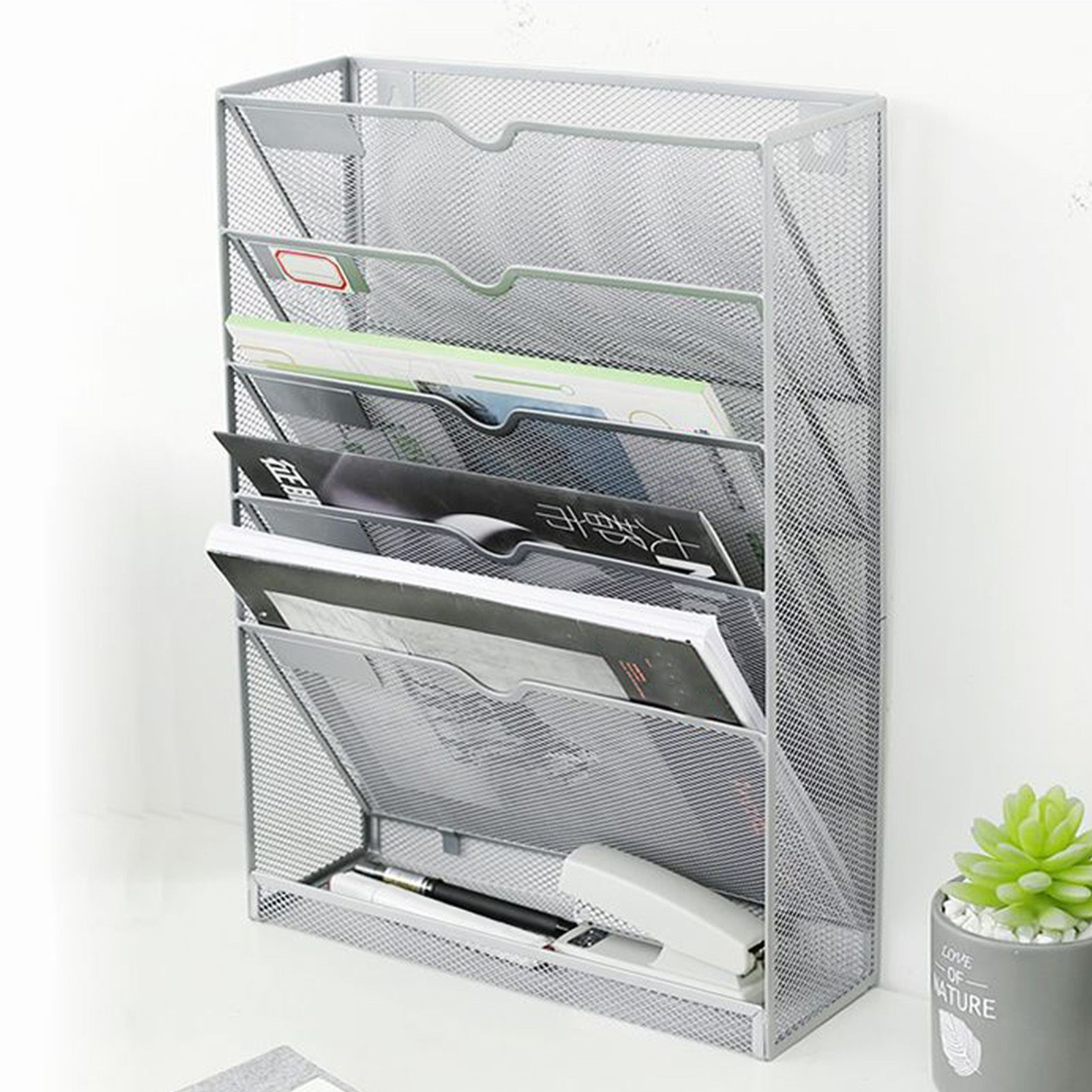 5 Tier Wall File Organizer Vertical Placement Glossy Edges Wall Mount File Holder with Hanging Hole for Office Silver - Image 6