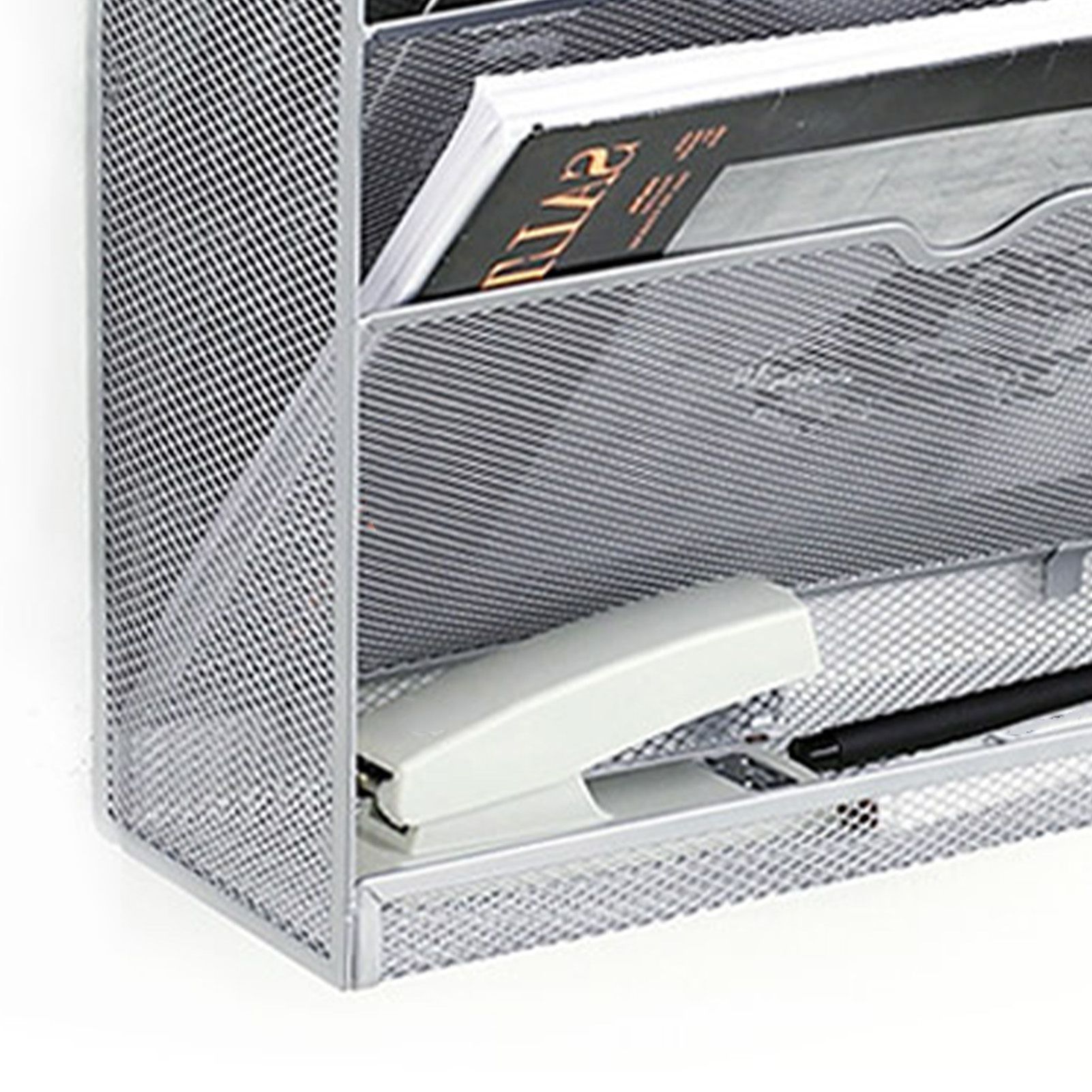 5 Tier Wall File Organizer Vertical Placement Glossy Edges Wall Mount File Holder with Hanging Hole for Office Silver - Image 7