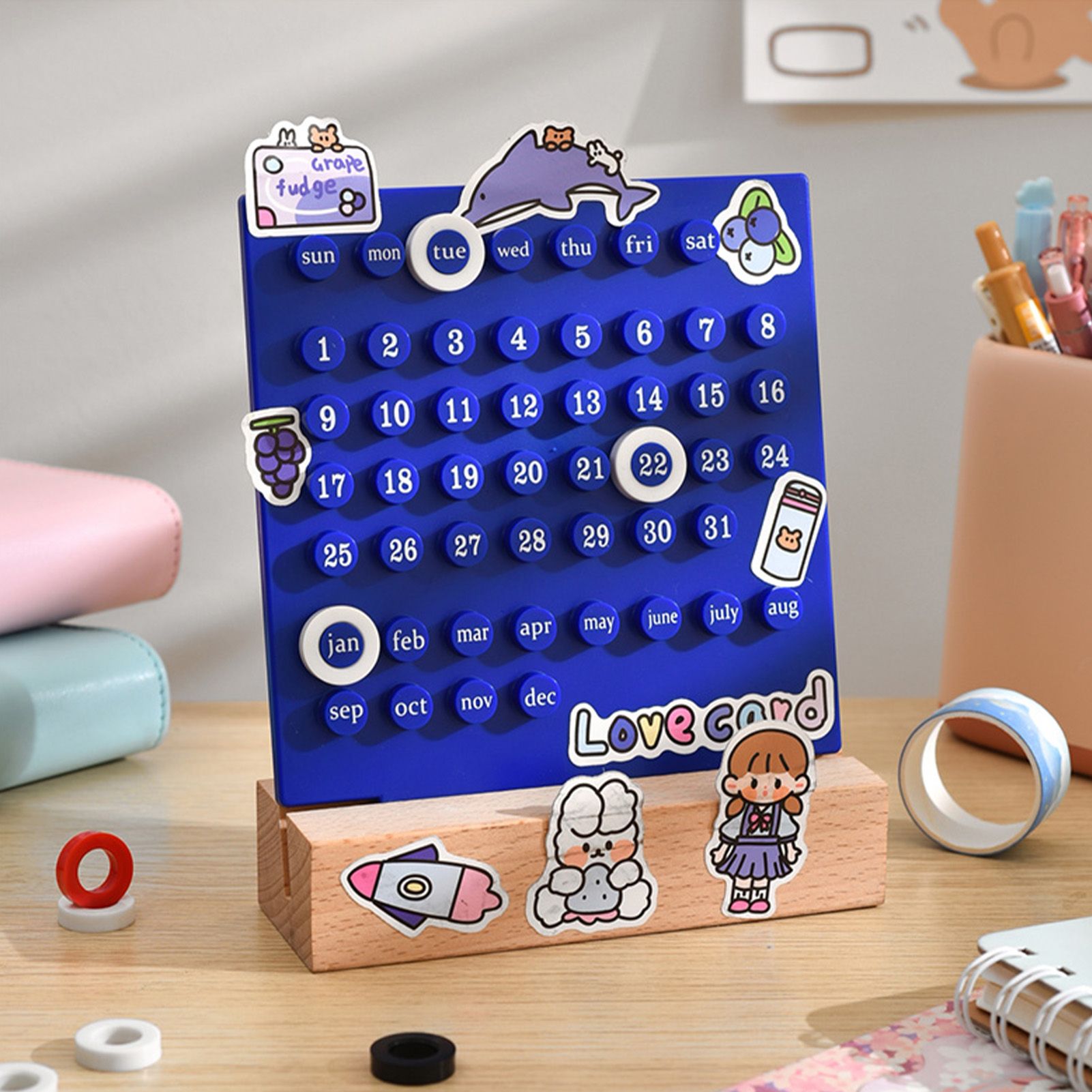 Wooden Kids Calendar DIY Hand Operated Develop Planning Skills Perpetual Calendar for Home Blue - Image 5