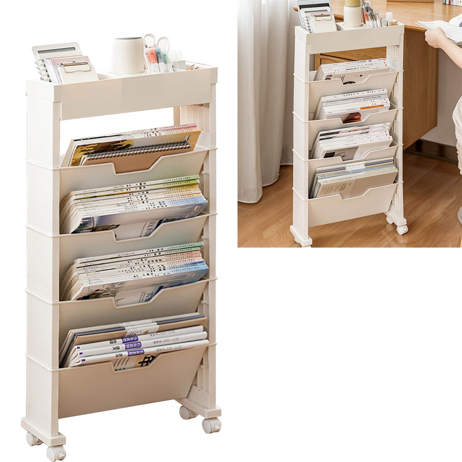Classroom Bookshelf Multilayer with Universal Wheel Book Storage Shelving for Living Room - Image 5