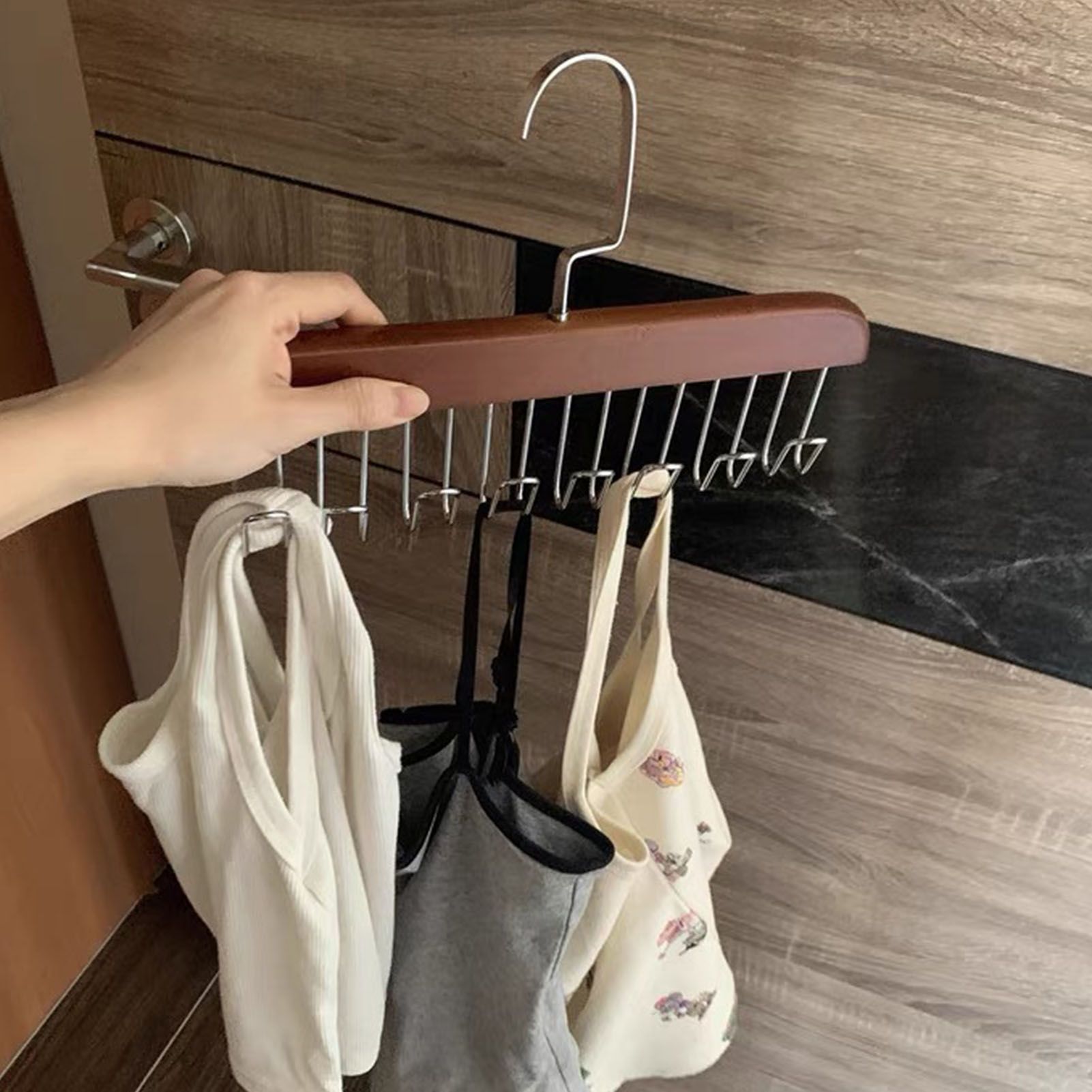 Multifunctional Hanger Punch Free with 8 Hooks Wood and Stainless Steel Cap Holder for Student Dormitory Dark Brown - Image 5