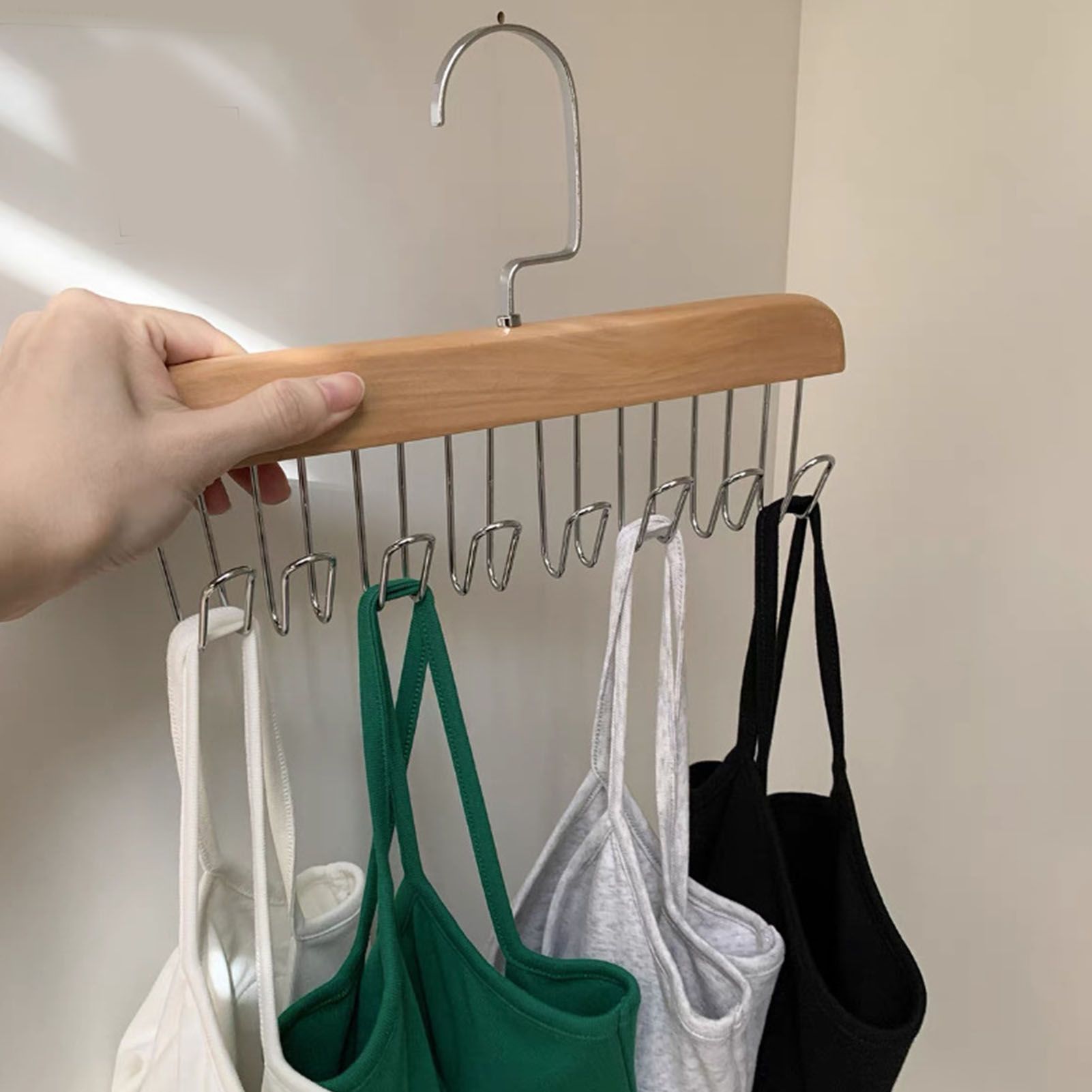 Multifunctional Hanger Punch Free with 8 Hooks Wood and Stainless Steel Cap Holder for Student Dormitory Khaki - Image 5