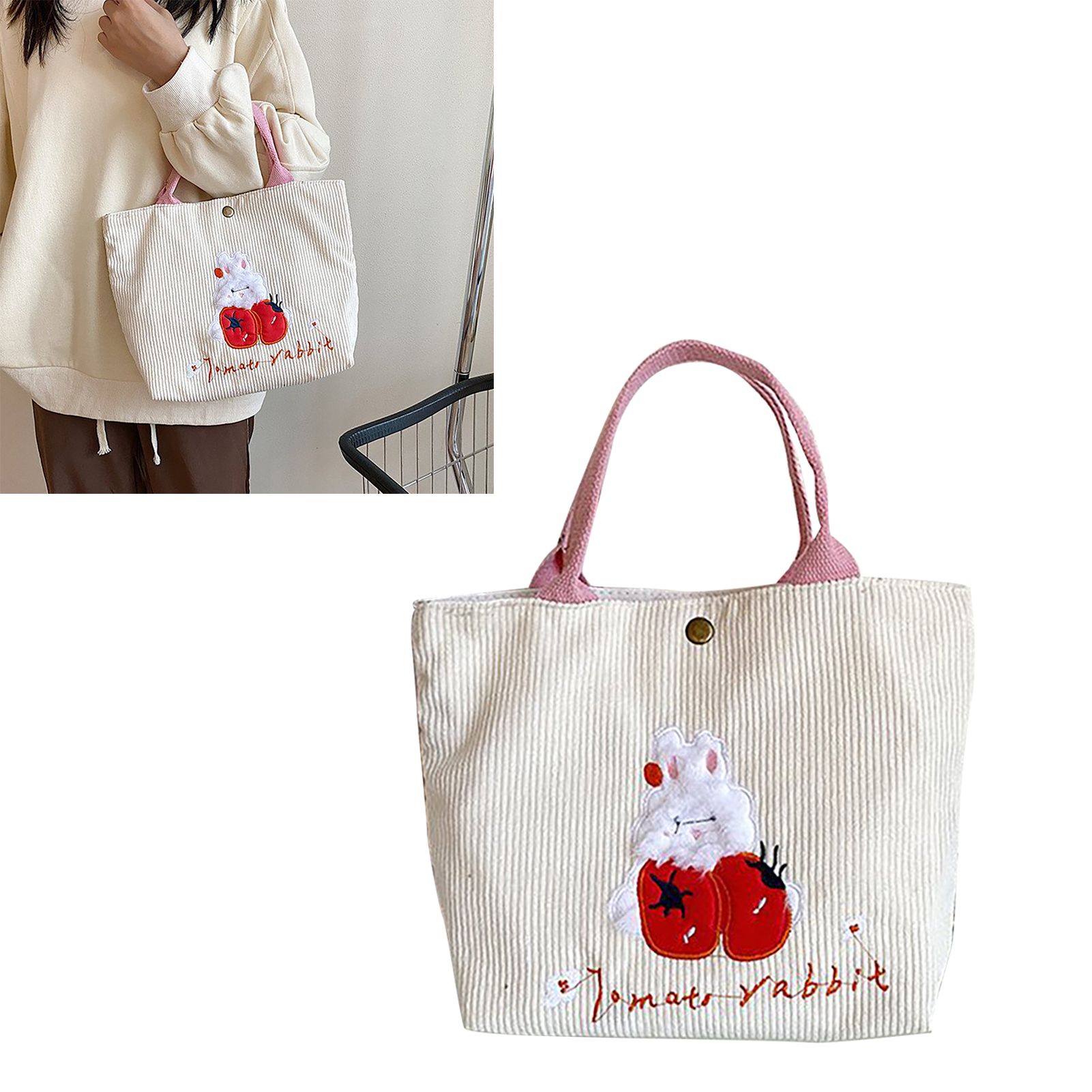 Cute Handbag Snap Button Closure Thickened Cute Pattern Fashionable Small Tote Bag for Shopping Commuting Strawberry - Image 5