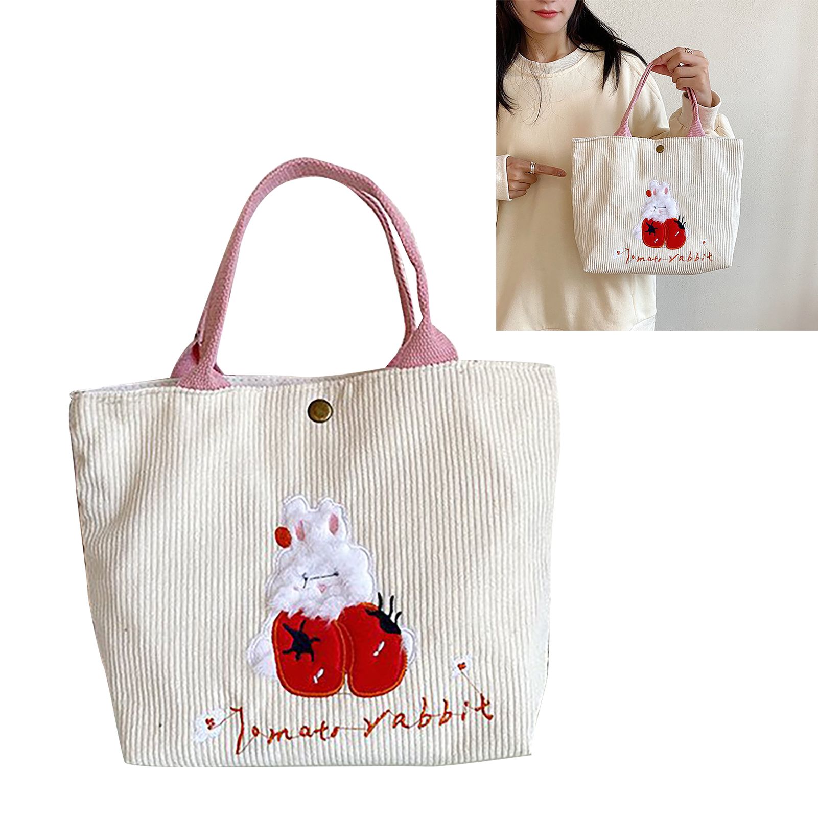 Cute Handbag Snap Button Closure Thickened Cute Pattern Fashionable Small Tote Bag for Shopping Commuting Strawberry - Image 6