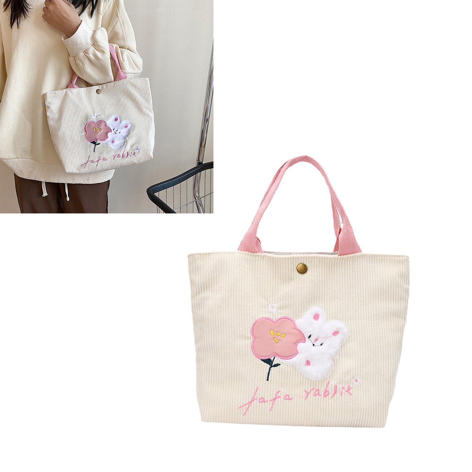 Cute Handbag Snap Button Closure Thickened Cute Pattern Fashionable Small Tote Bag for Shopping Commuting Pink Flower - Image 5