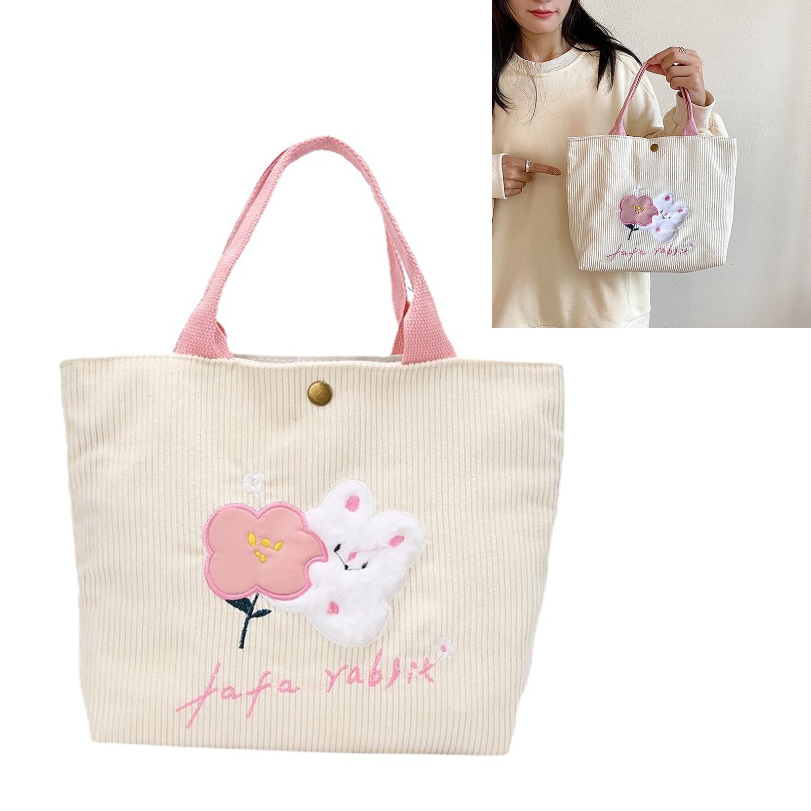 Cute Handbag Snap Button Closure Thickened Cute Pattern Fashionable Small Tote Bag for Shopping Commuting Pink Flower - Image 6